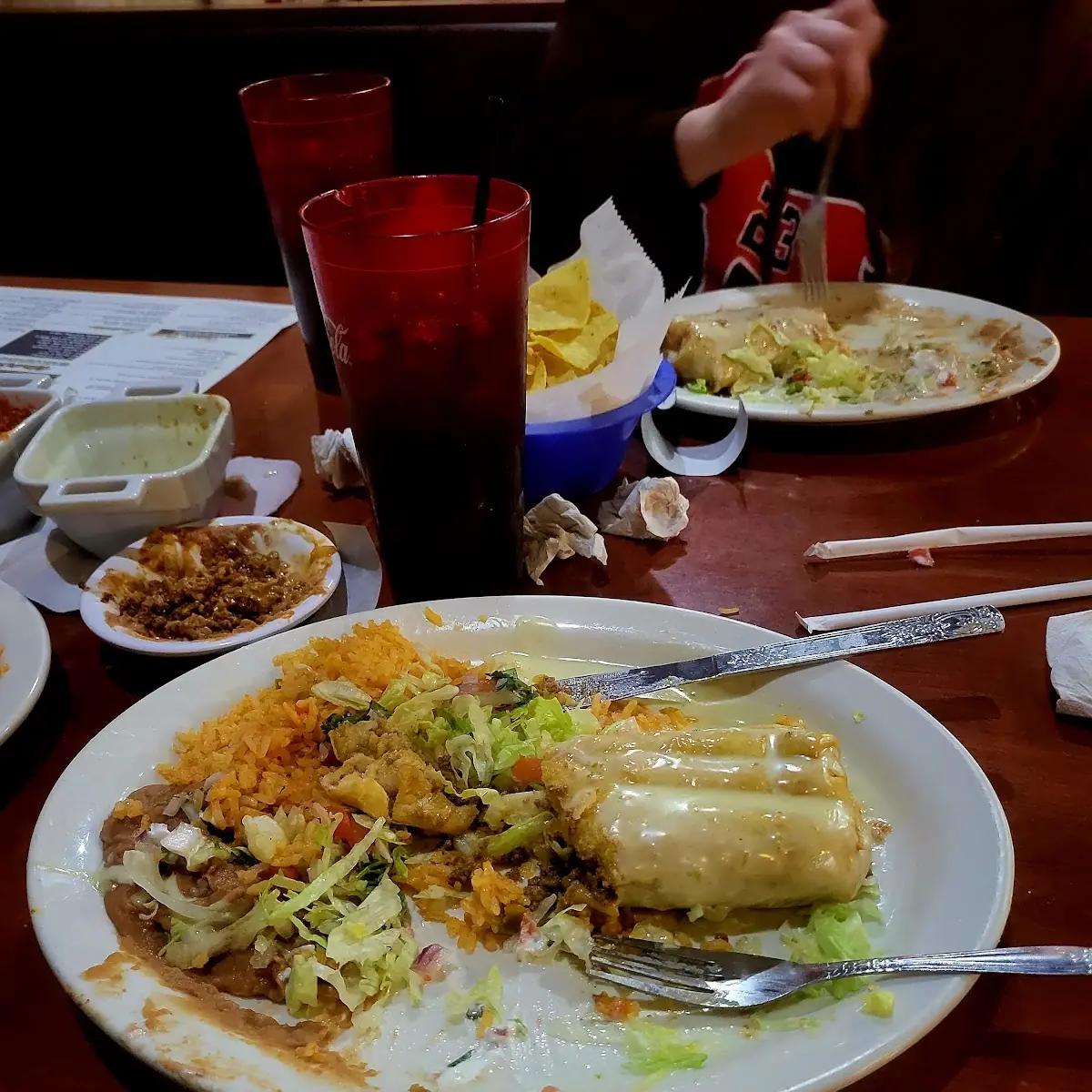 Beef Chimachunga Lettuce and Tomato Rice and Refried Beans