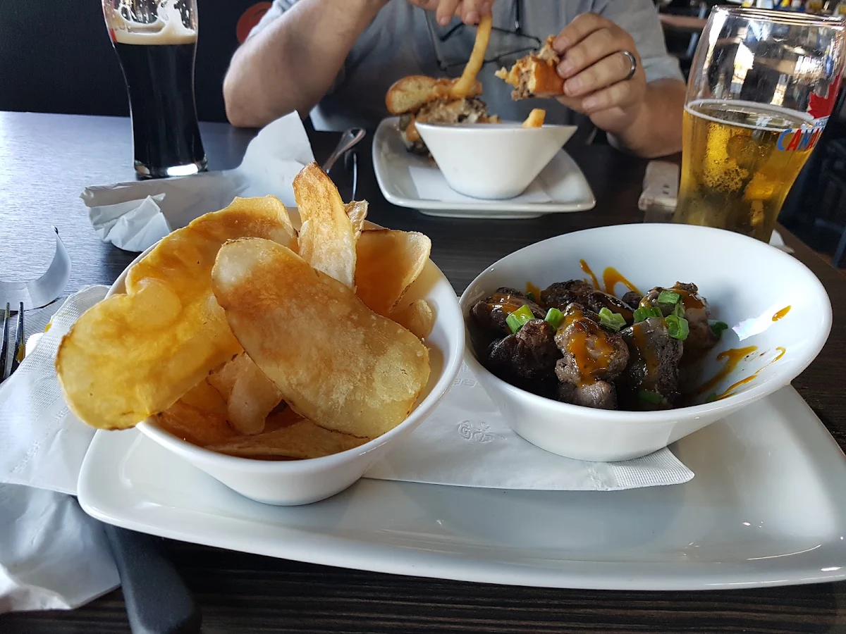 Beef Tips with Cactus Cut Fries Burger and Fries and Beer