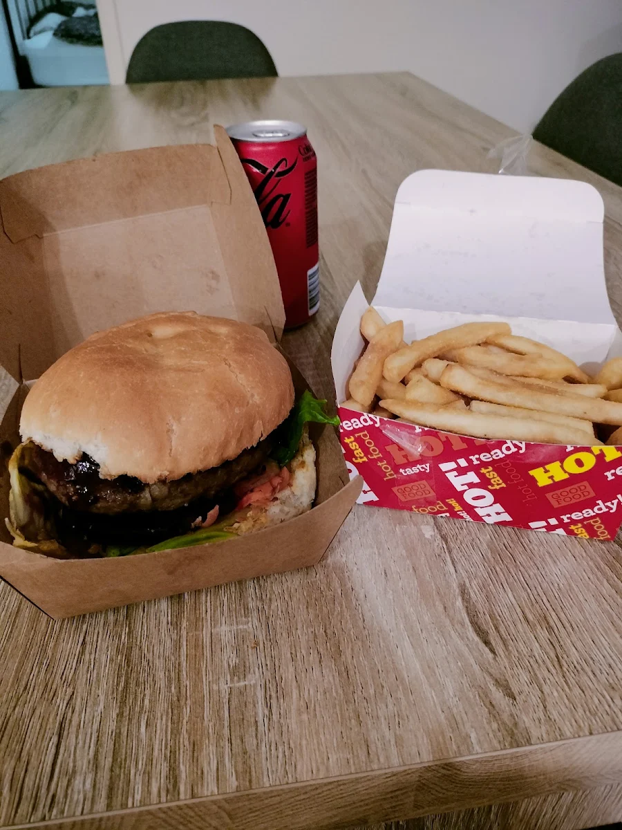 Beef Burger and Chips, Saltys Seafood & Takeaway