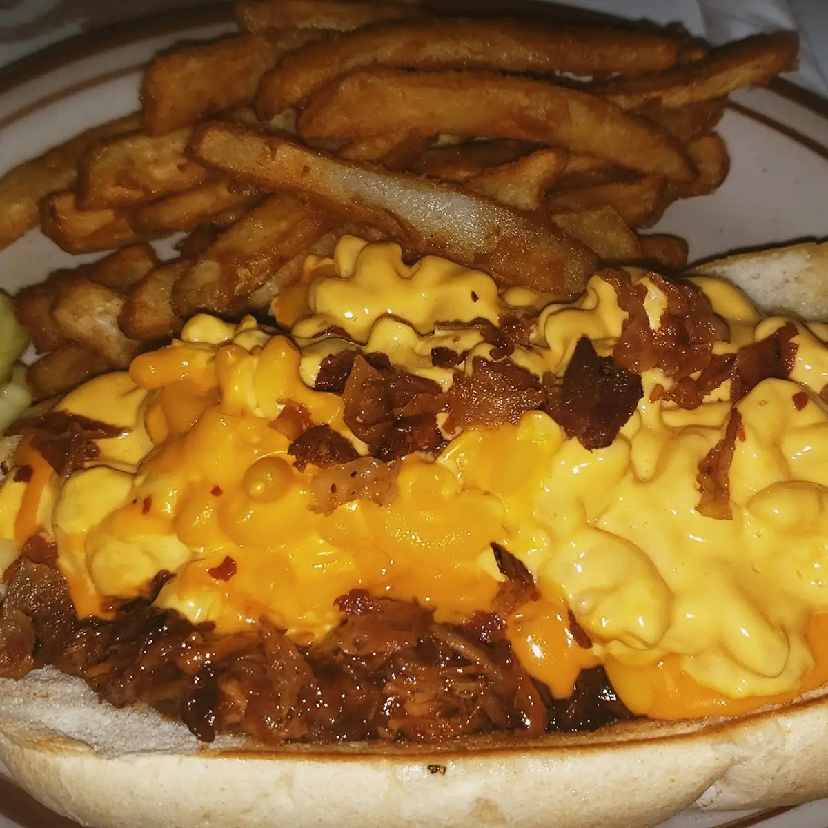 Pulled Pork Mac N Cheese Sandwich Beer Battered Fries