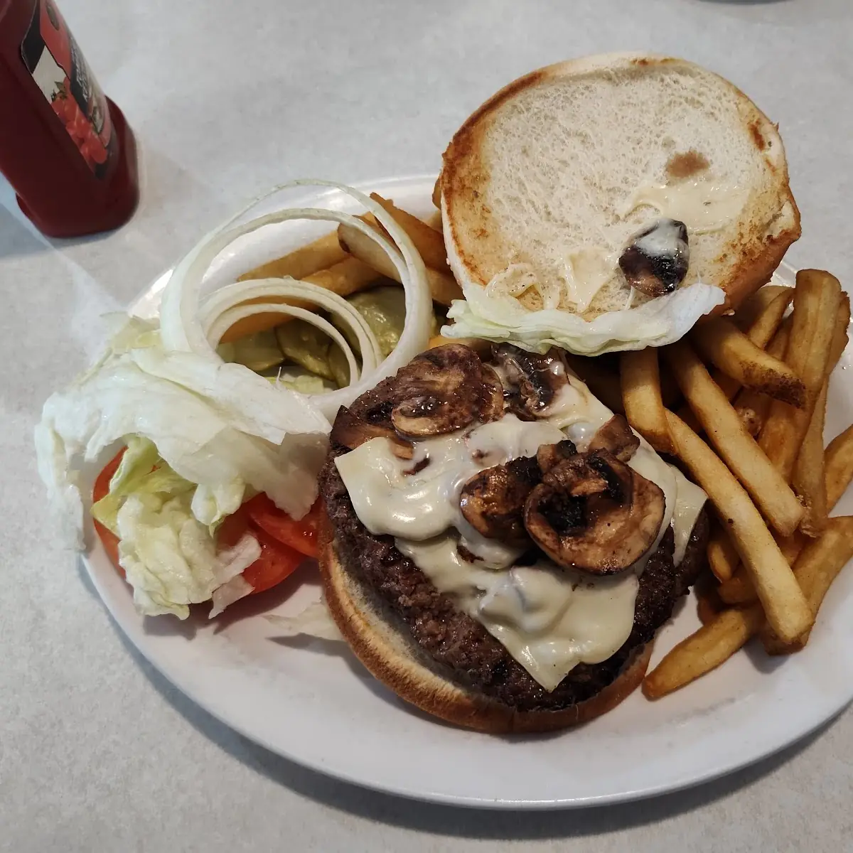 Mushroom Swiss Burger and Fries