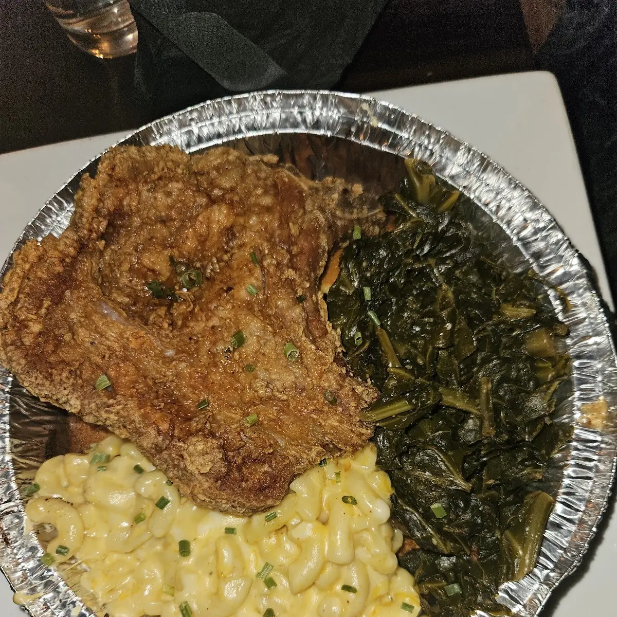 Cornbread Bowl with Pork Chop Greens & Mac and Cheese