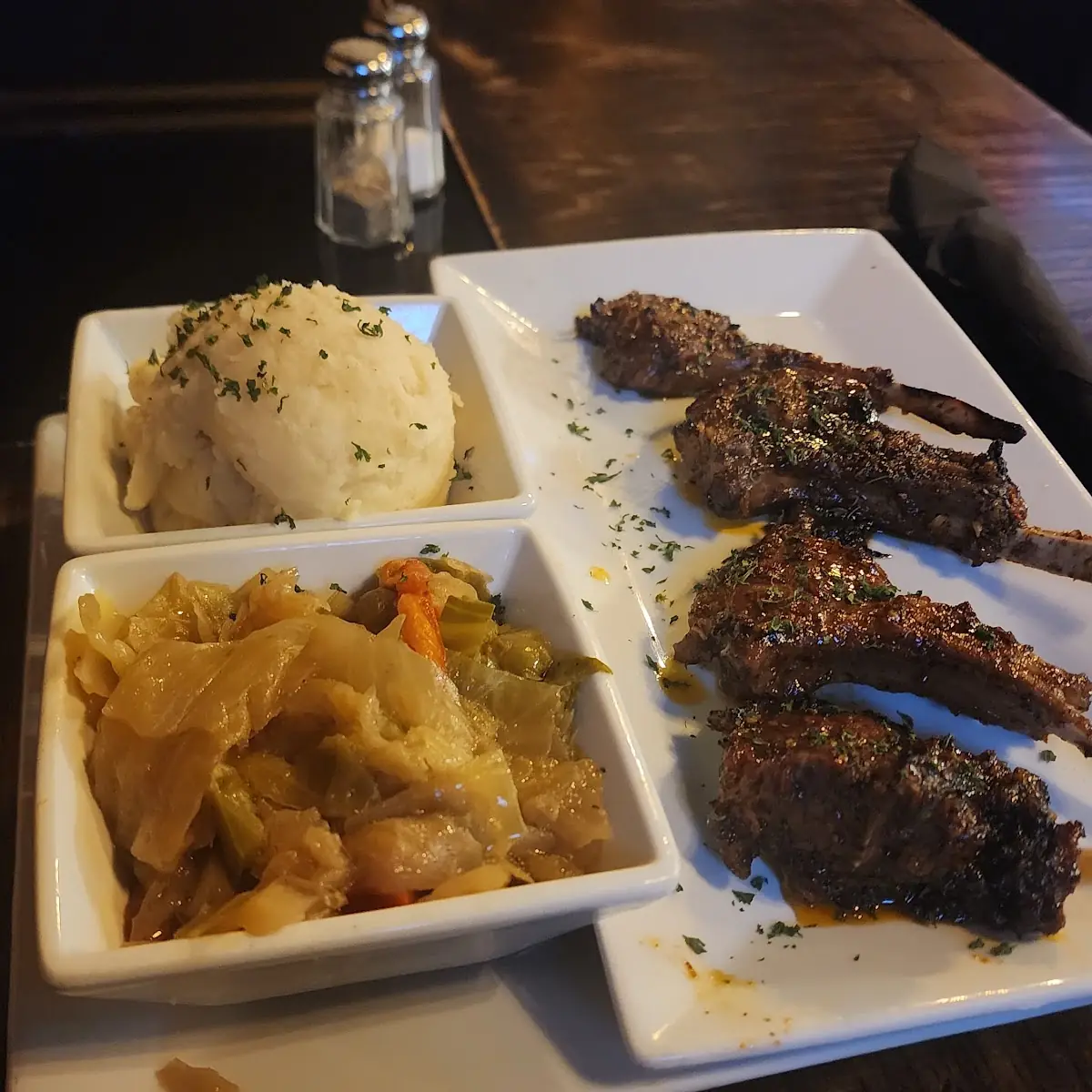 Jerk Lamb Chops Mashed Potatoes and Cabbage