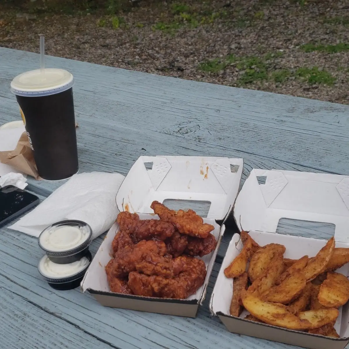 Honey BBQ Boneless Wings Wedges and a Drink