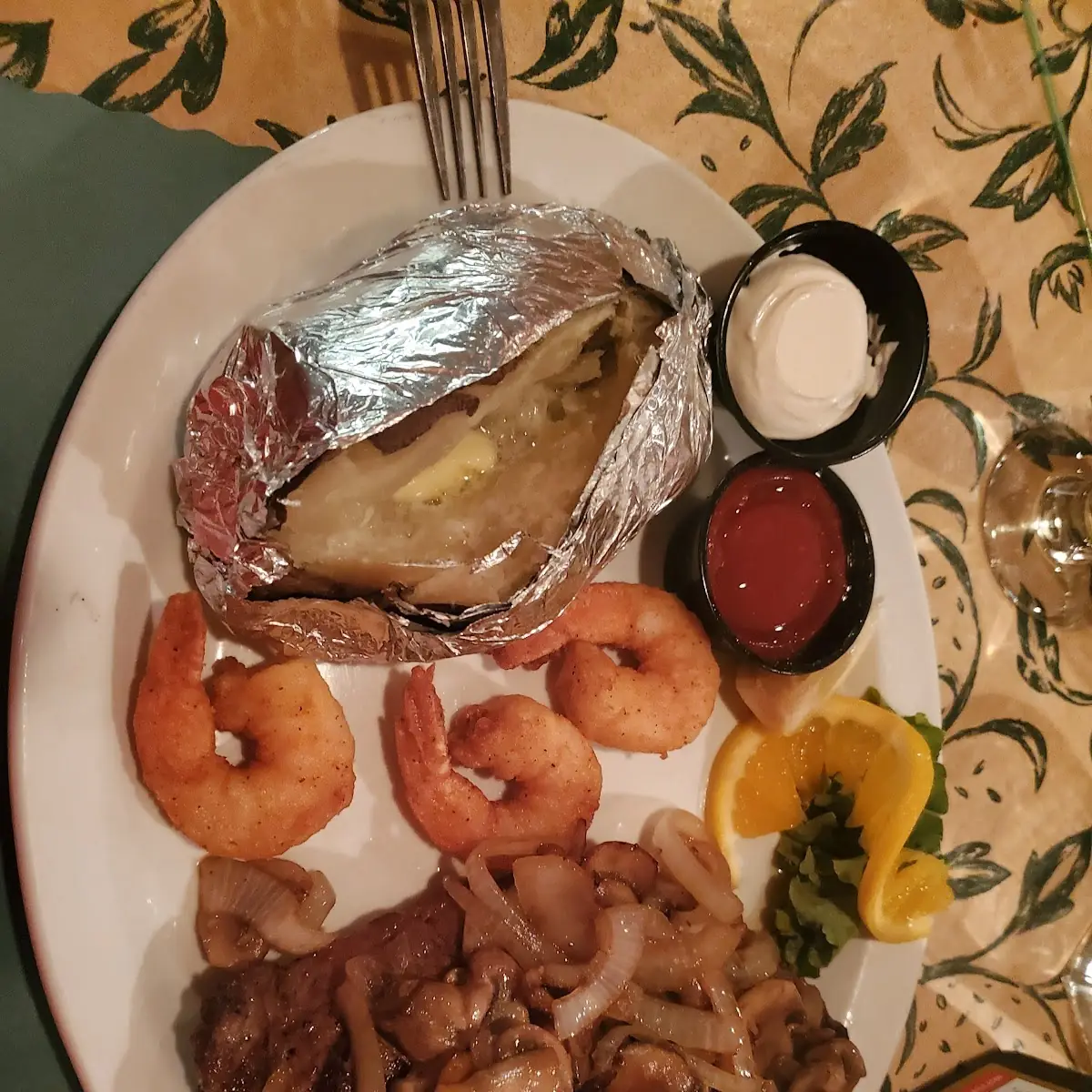 Smothered Ribeye Steak and Some Deep Fried Shrimp