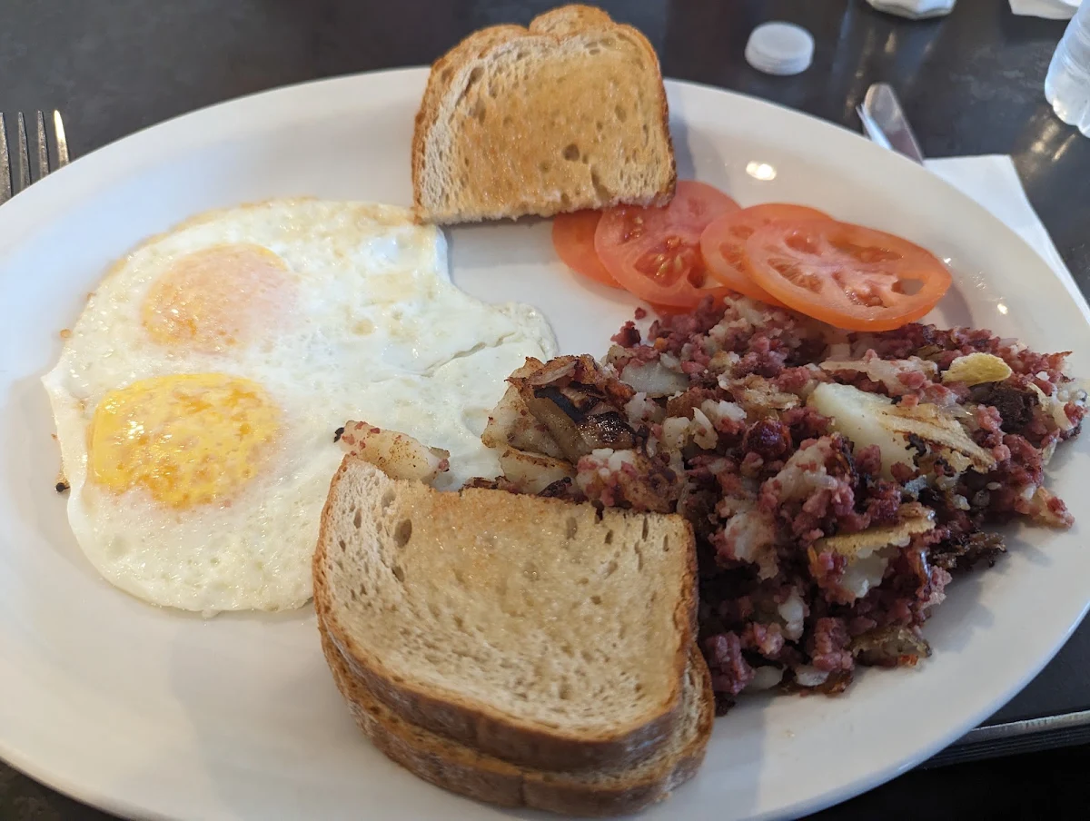 Corned Beef Hash Topped with 2 Eggs, Donut Diner