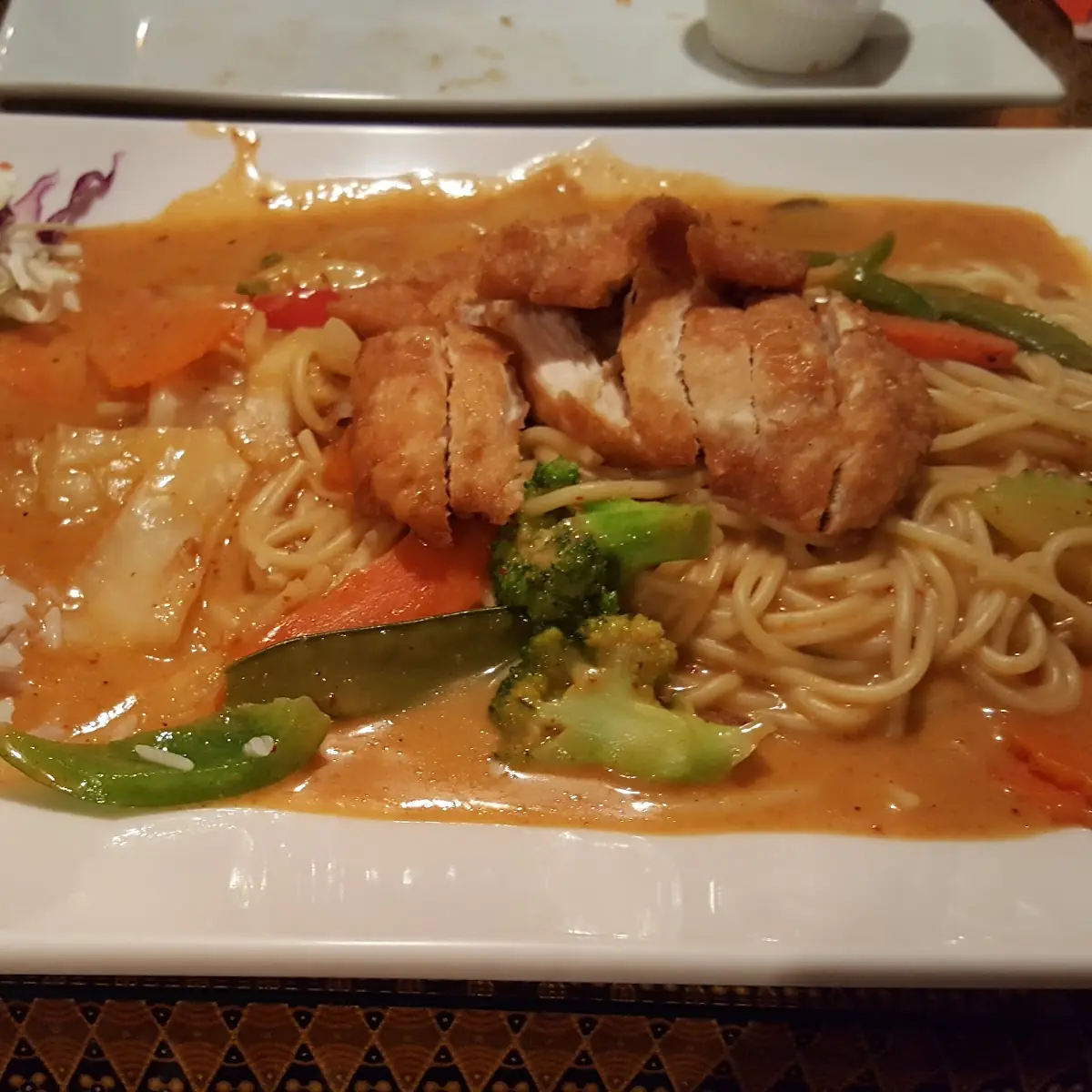 Crispy Chicken Curry on Pasta Panang Sauce