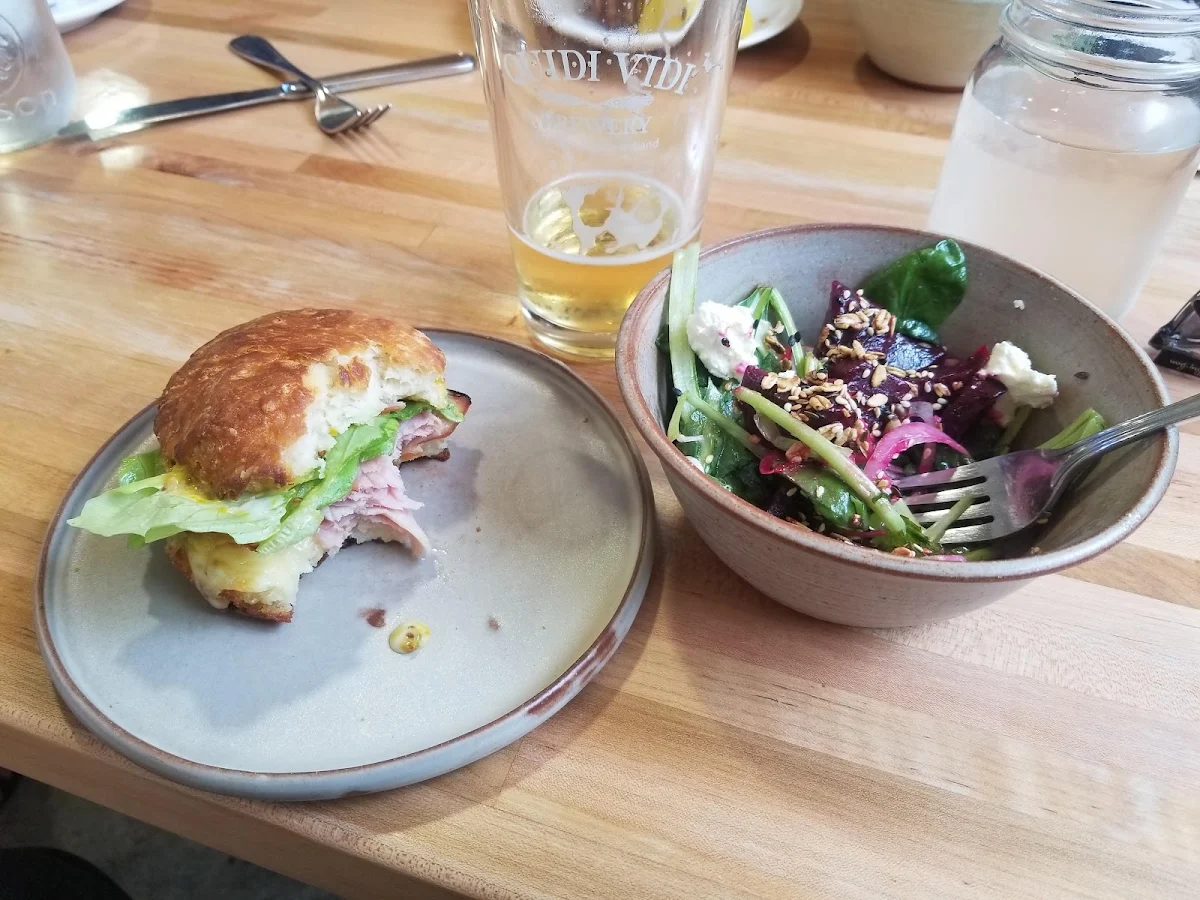 Ham and Cheese Biscuit with Beets and Goat Cheese Salad