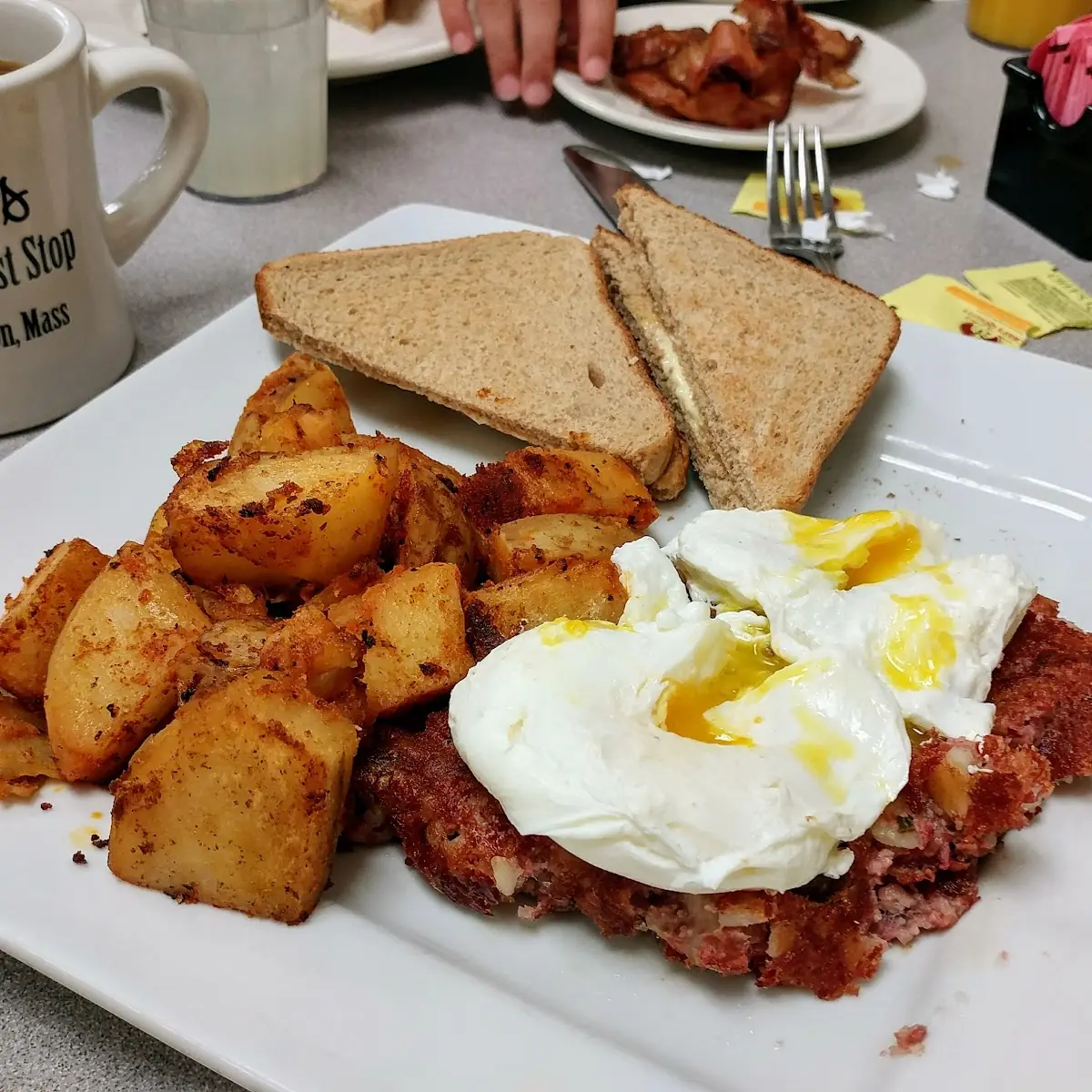 Corned Beef Hash with Two Poached Eggs Home Fries
