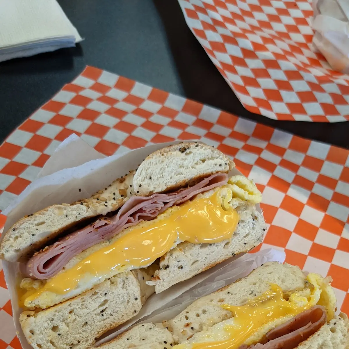 Ham Egg and Cheese on a Toasted Everything Bagel