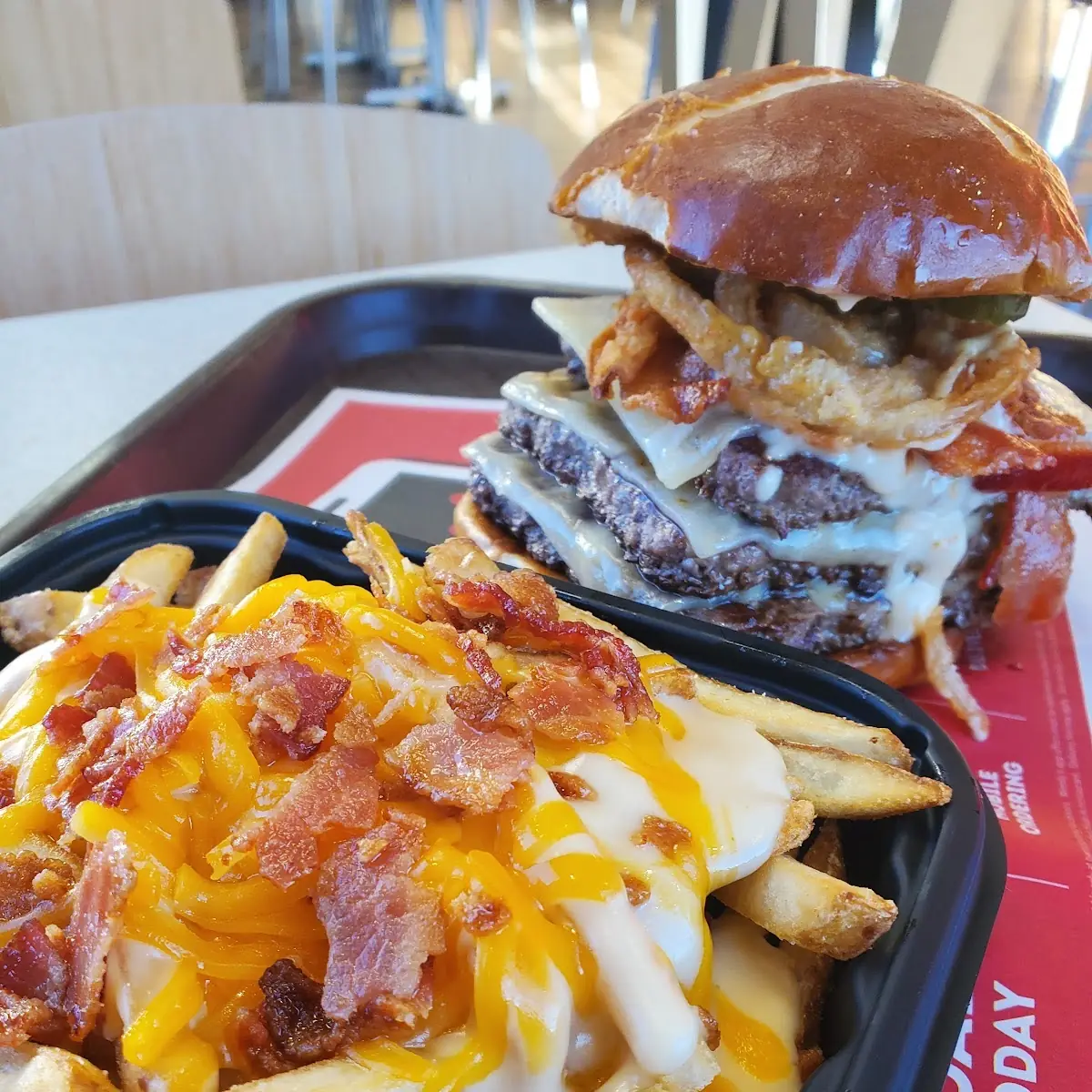 Triple Pretzel Bacon Pub Burger with Bacon Pub Fries