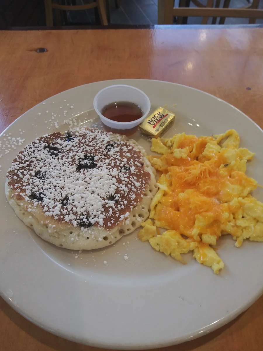 Blueberry Pancake with Maple Syrup and Scrambled Egg with Cheddar Cheese