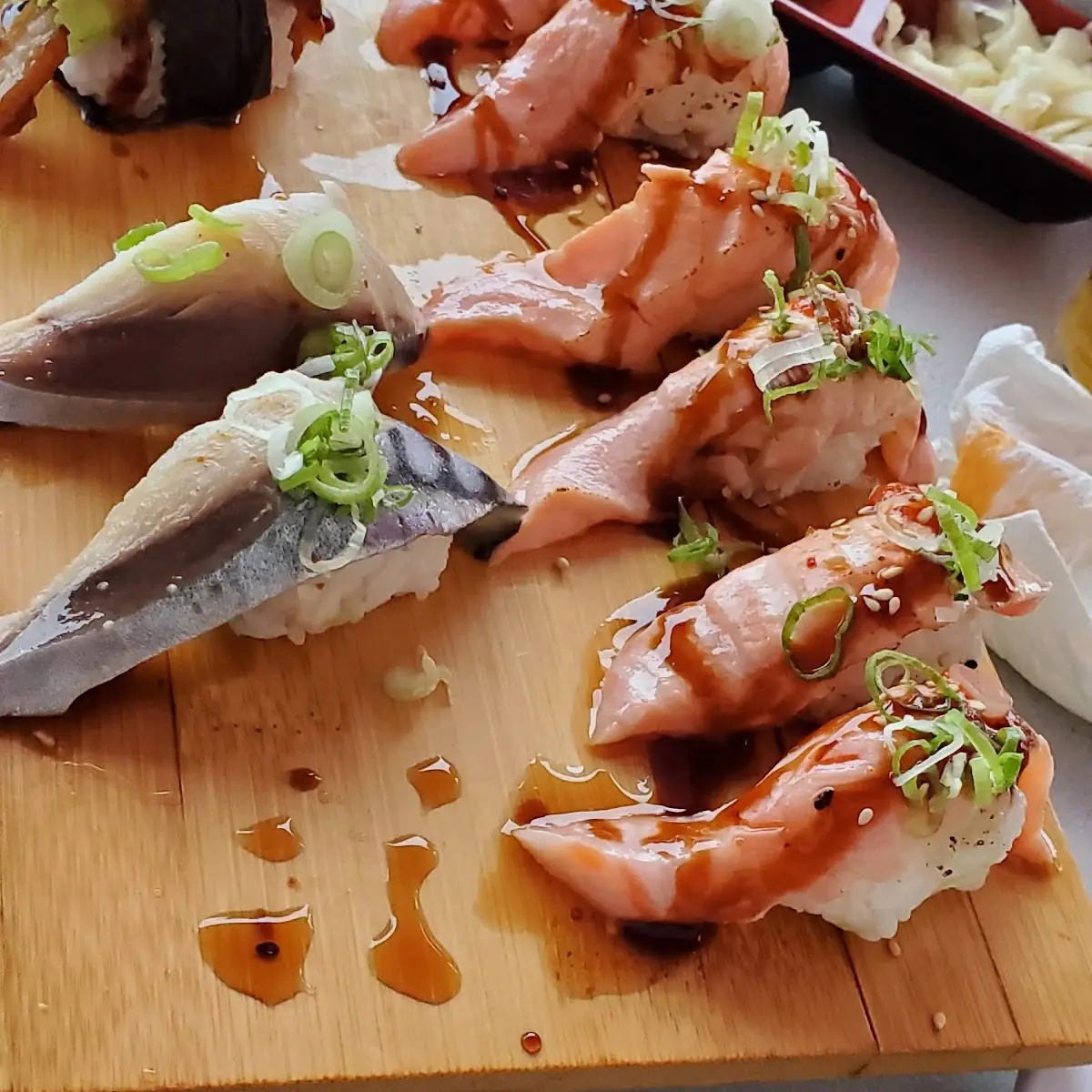 Seared Salmon Nigiri Unagi and Saba