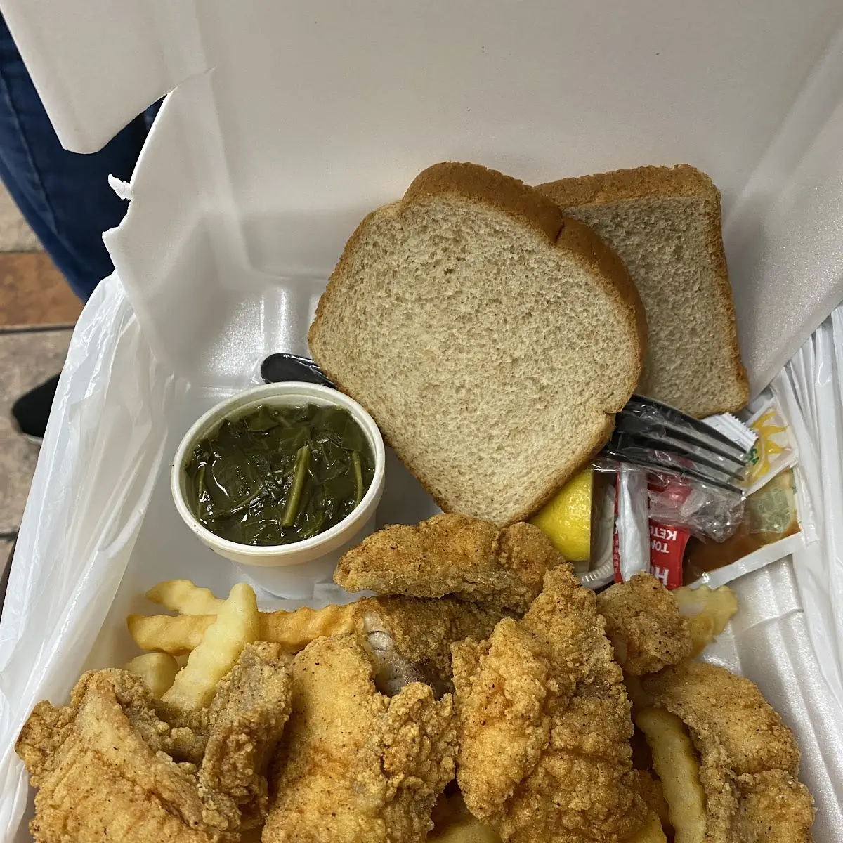 Catfish Dinner w Fries & Greens