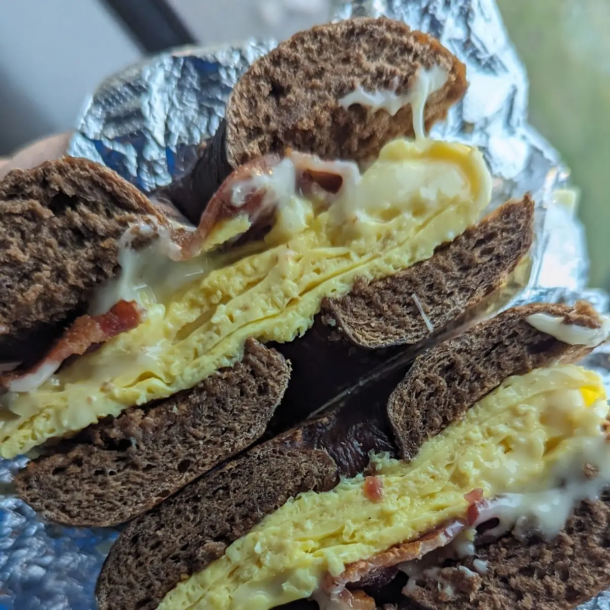 Bacon Egg and Cheese on Pumpernickel Bagel