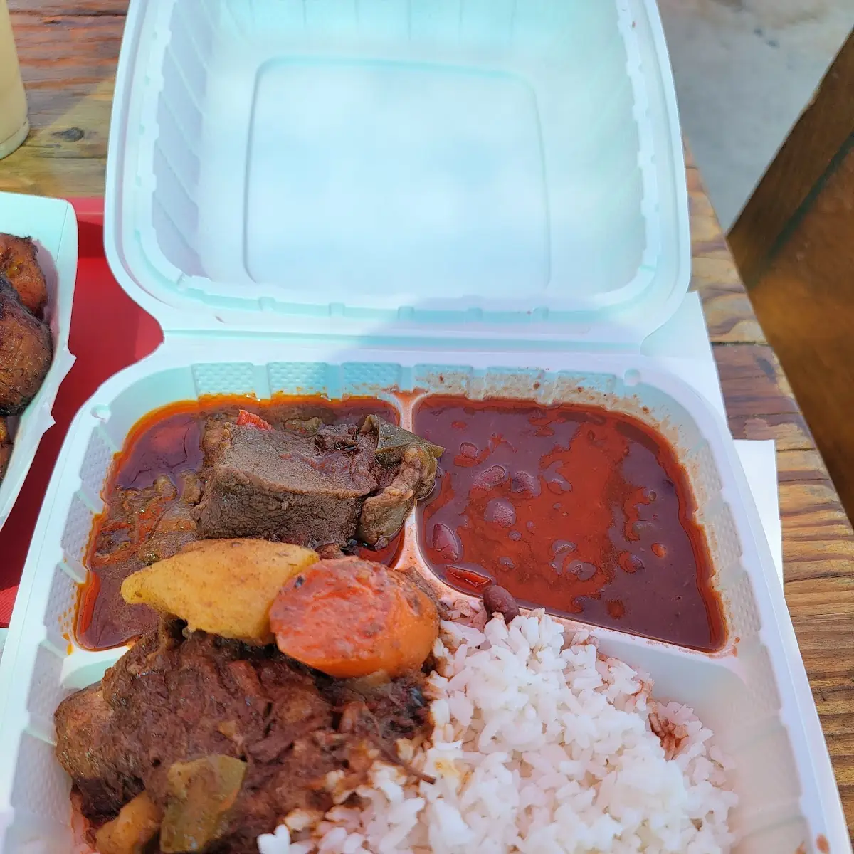Stewed Beef White Rice Beans Plantains