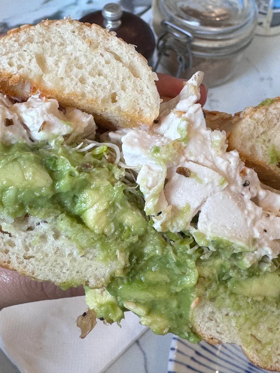 Poached Free-Range Chicken Mayo Avocado Rocket Tasty Cheese, Lawson's Bagels South Yarra