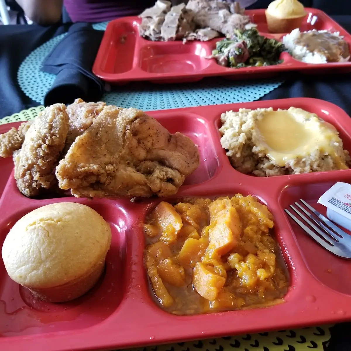 Fried Pork Chops Mac and Mac Green Beans Yams