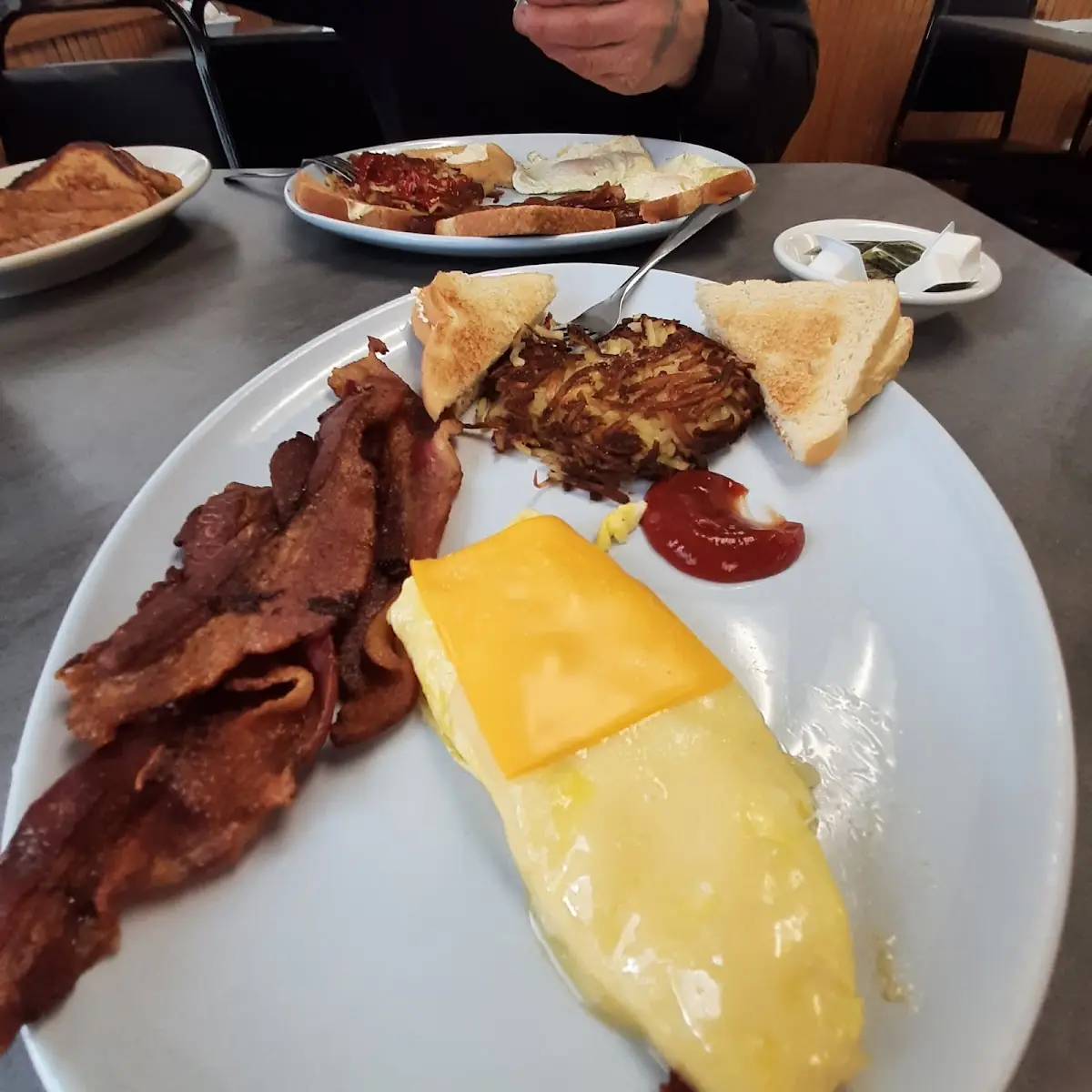 Cheese Omelet Bacon Hash Browns