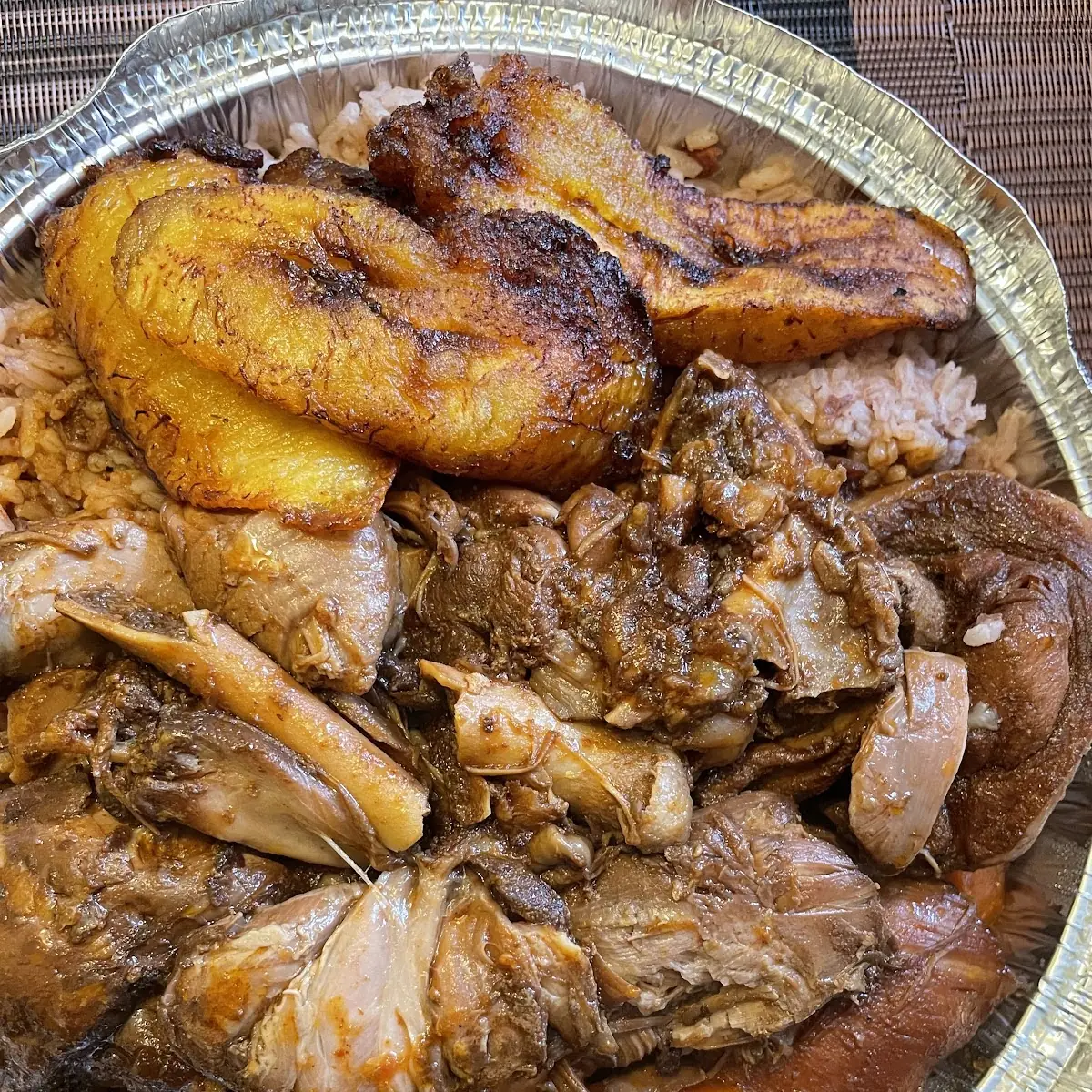 Brown Stew Chicken Rice and Peas