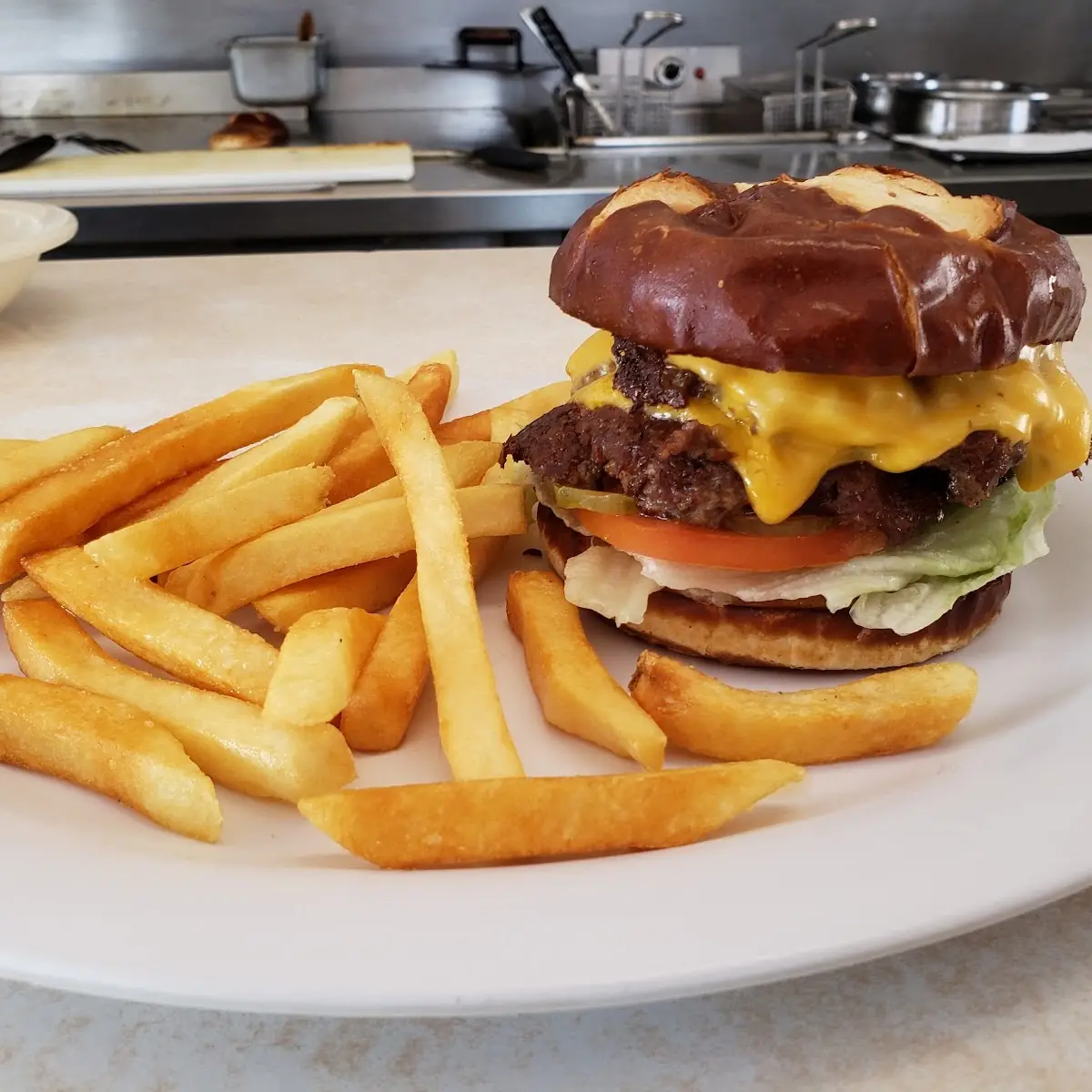Cheeseburger on Pretzel Bun