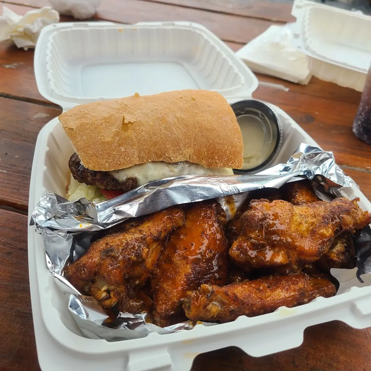 Pines Burger with Buffalo Wings