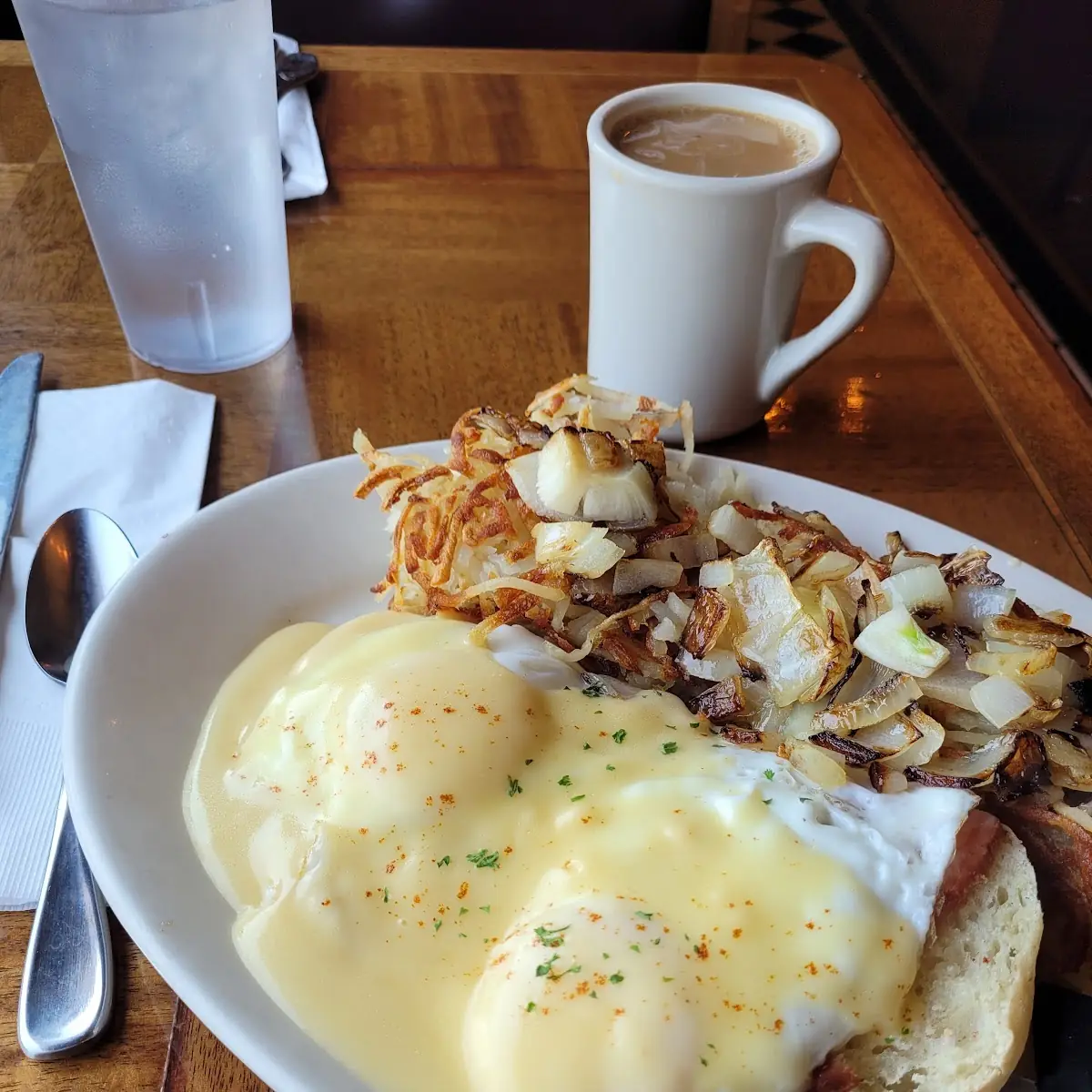Eggs Benedict with Onion Hash Browns