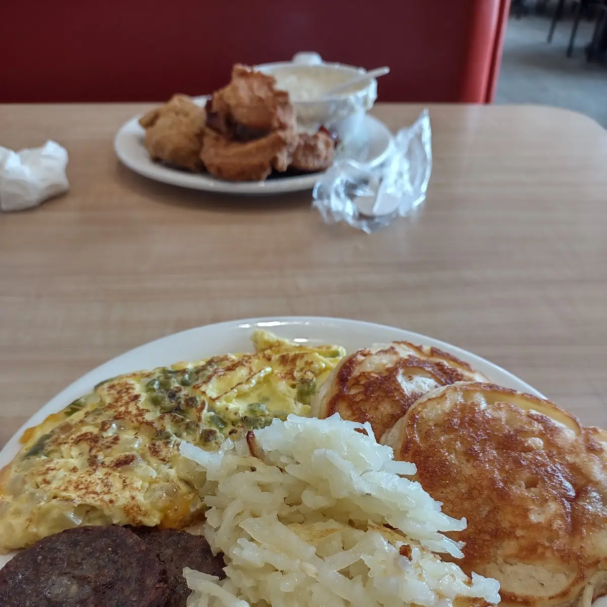 Omelette Hash Browns Sausage Pancakes