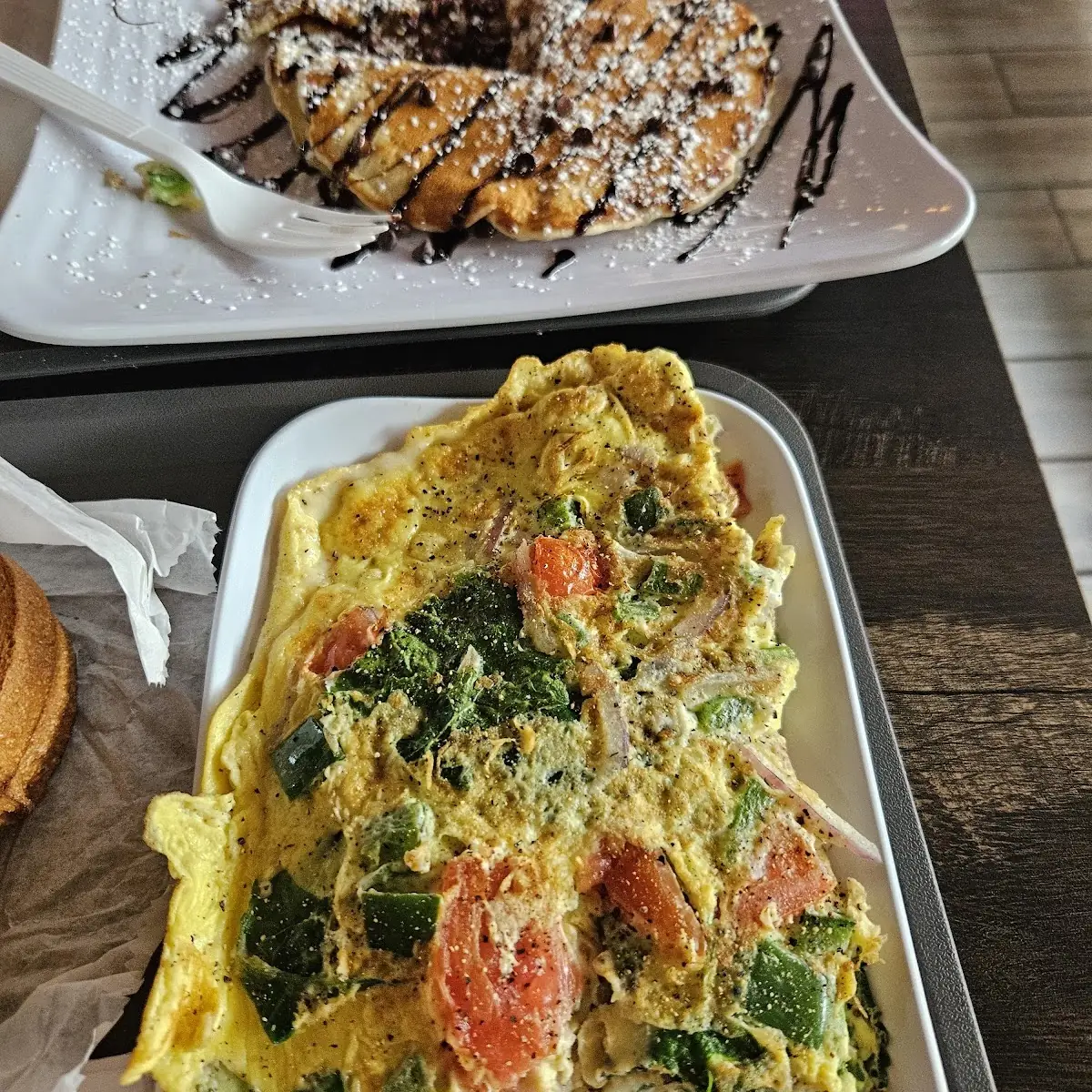 Veggie Omelette and Chocolate Chip Pancakes