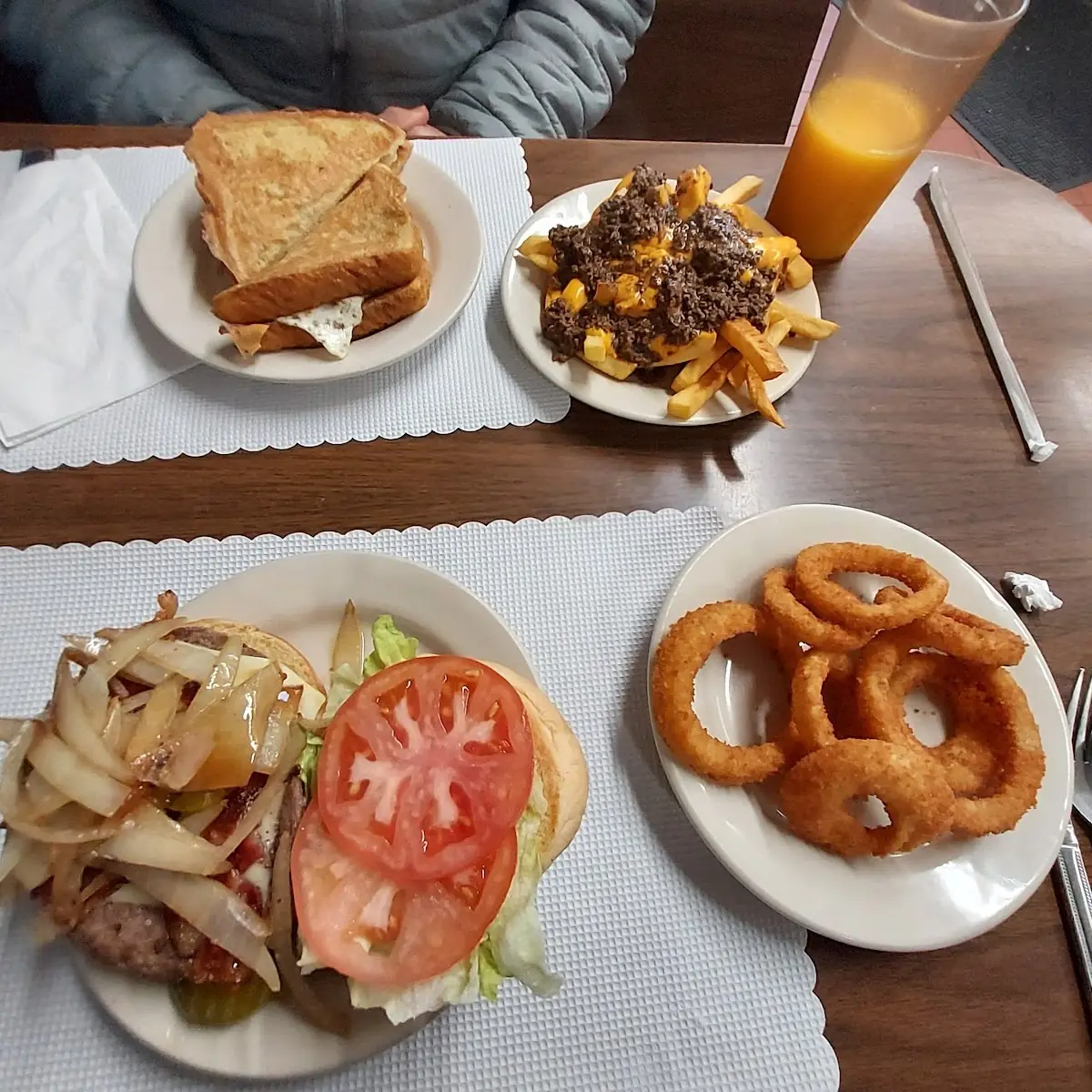 Burger with Grilled Onions and Onion Rings