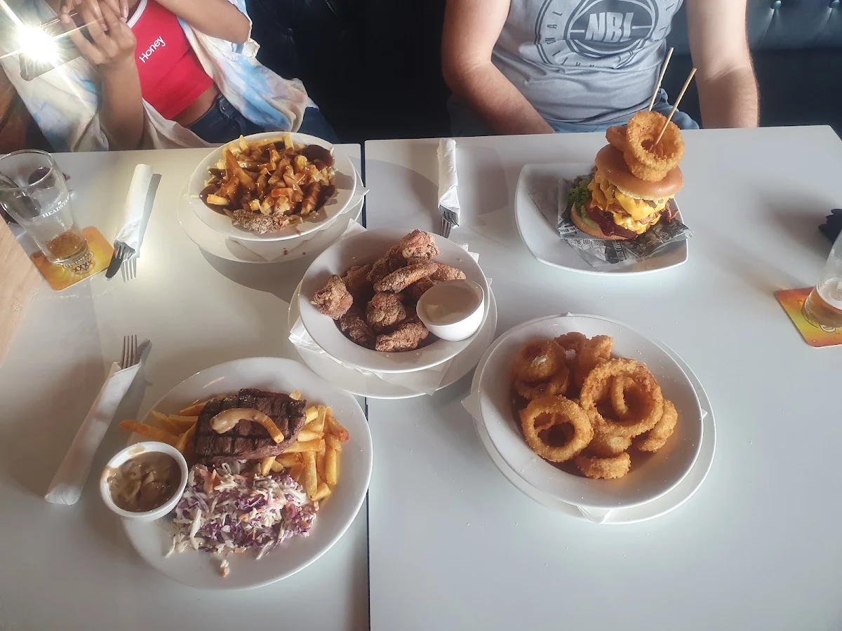 Burger Double Meat Bacon and Cheese with Onion Rings, Oxley Tavern