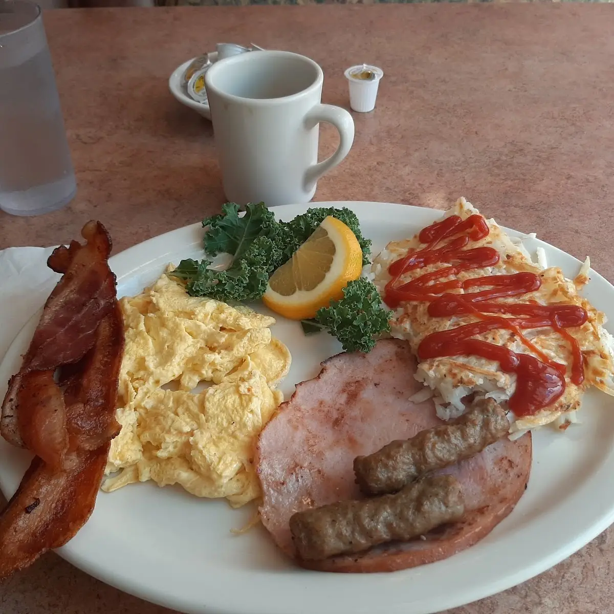 Bacon Ham Sausage Eggs with Hash Browns