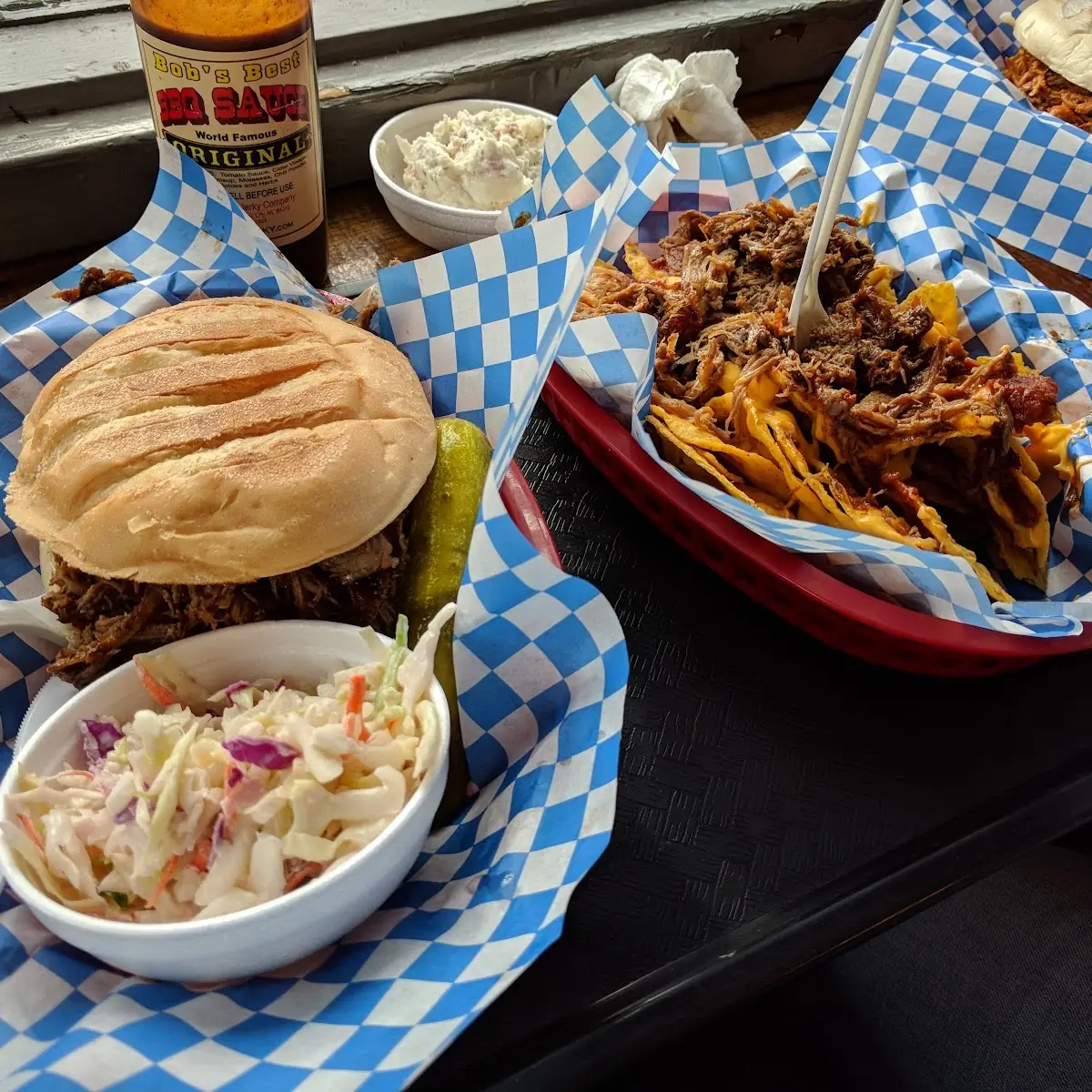 Pull Pork Nachos Supreme and Pulled Pork Sandwich