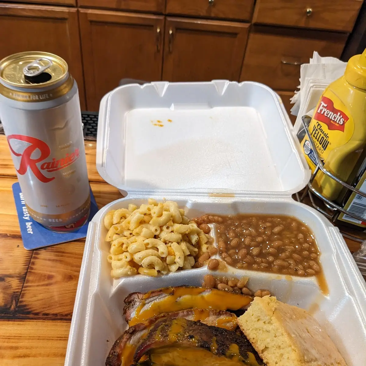 BBQ Rib Combo Plate with Baked Beans Corn Bread and Macaroni and Cheese