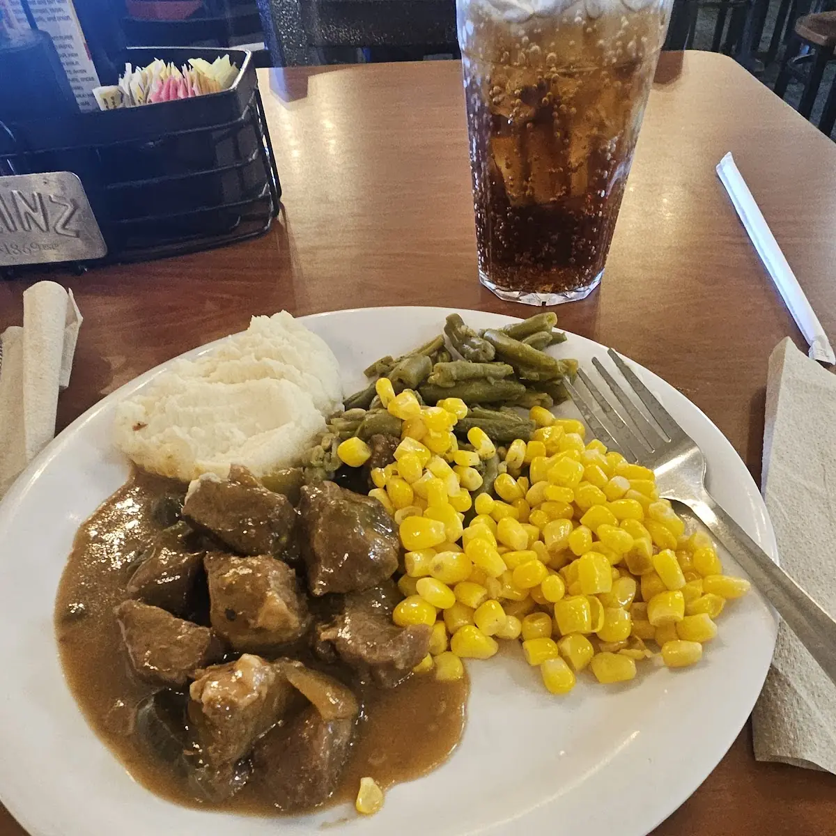 Beef Stew with Corn Green Beans and Mashed Potatoes