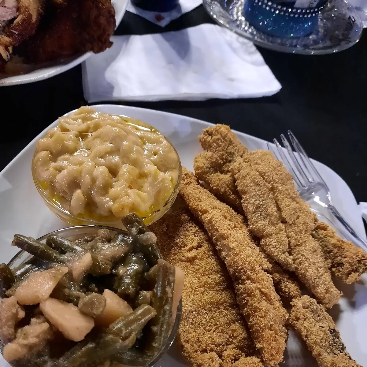 Fried Whiting with Green Beans and Mac and Cheese