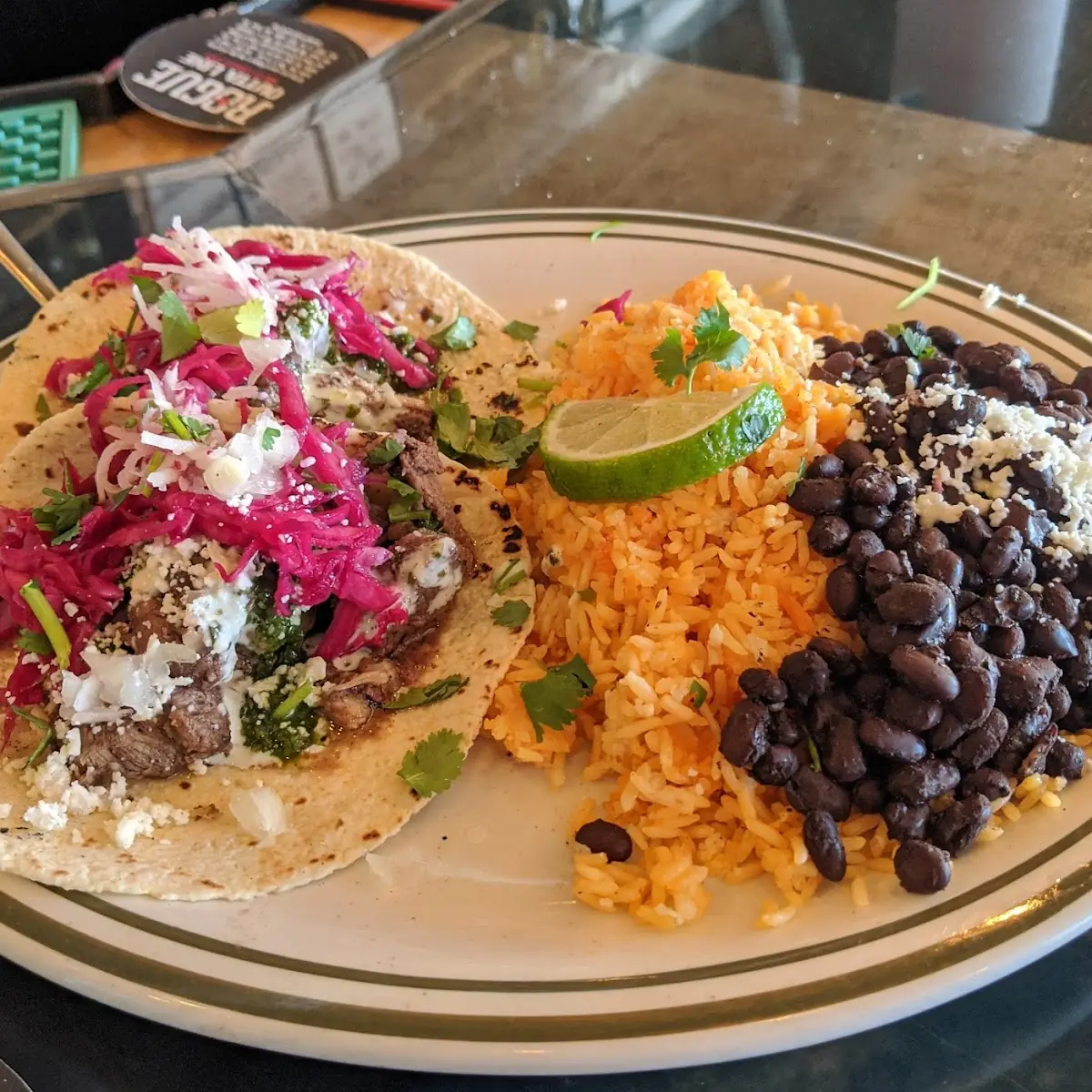 Carnitas Tacos Rice and Beans