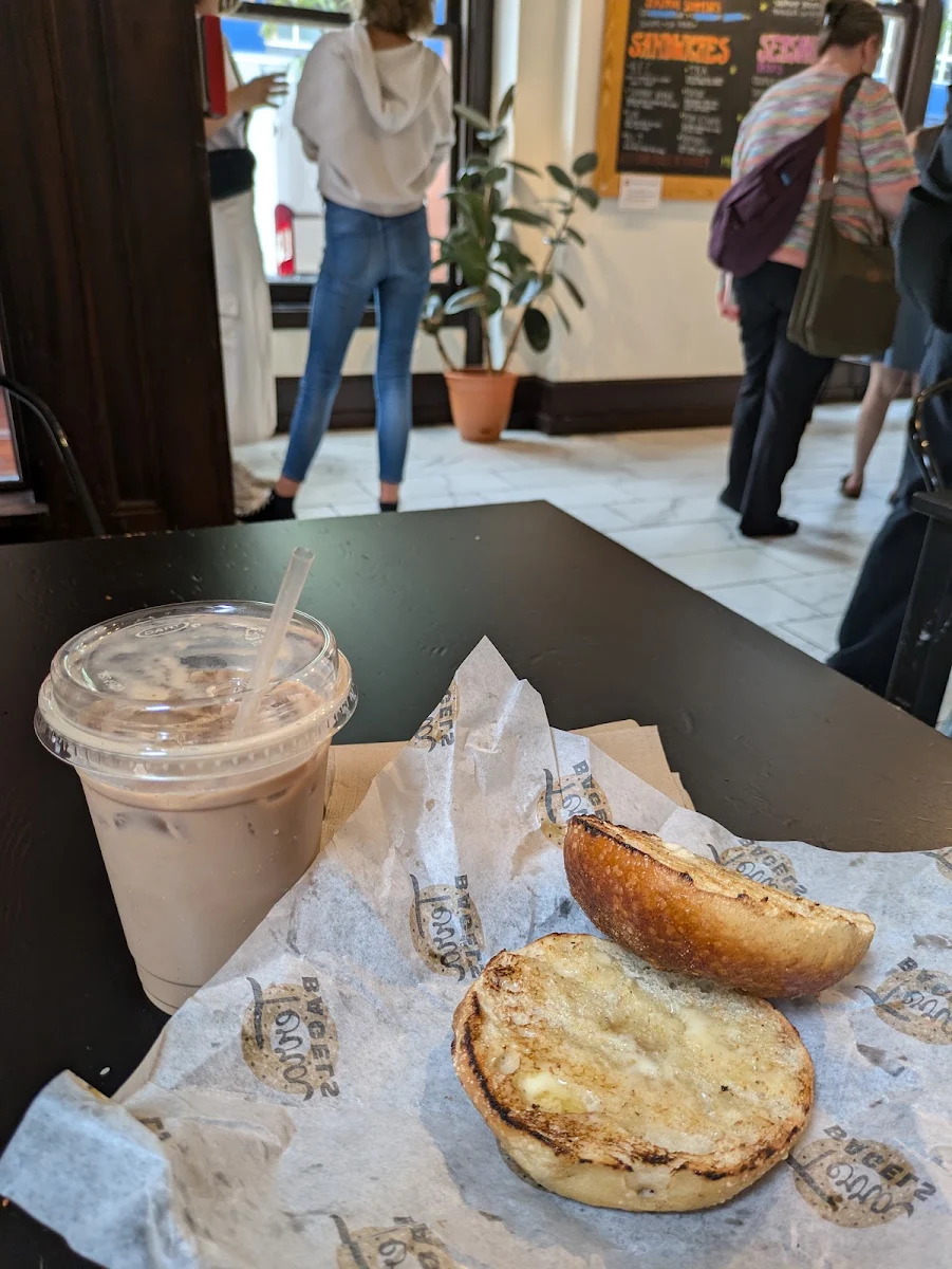 Iced Mocha and Maple Cinnamon Bagel with Butter