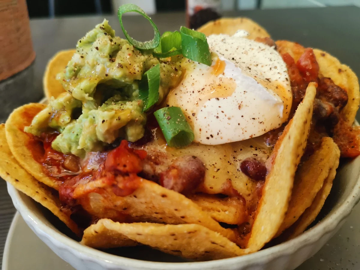 Bean Nachos Meatless with Cheese Sour Cream Guac and Sweet Chilli Sauce, The Tea Club Cafe