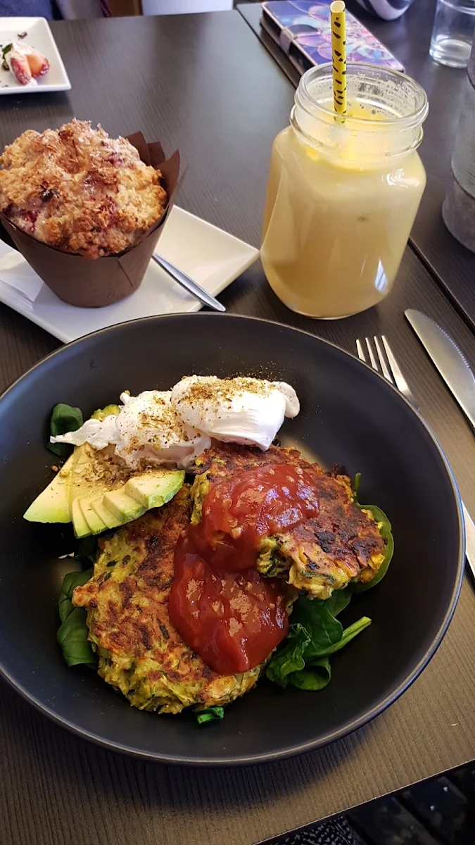 Breakfast Vegi Fritters with Avocado and Egg, The Tea Club Cafe