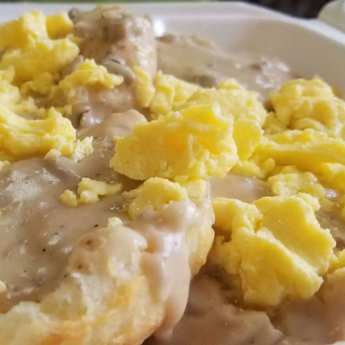 Scrambled Eggs over Biscuits with Gravy