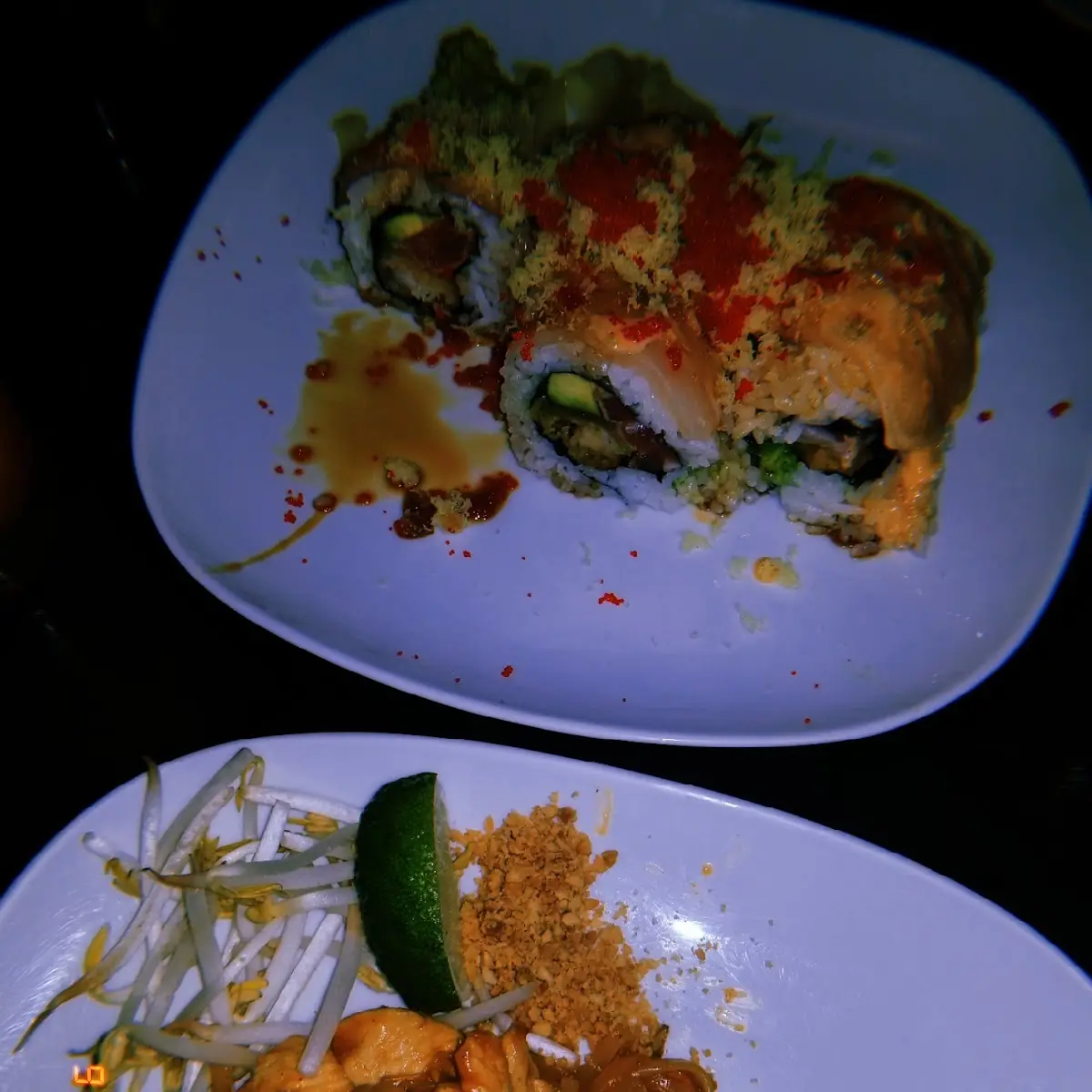 Chicken Pad Thai and Godzilla Roll