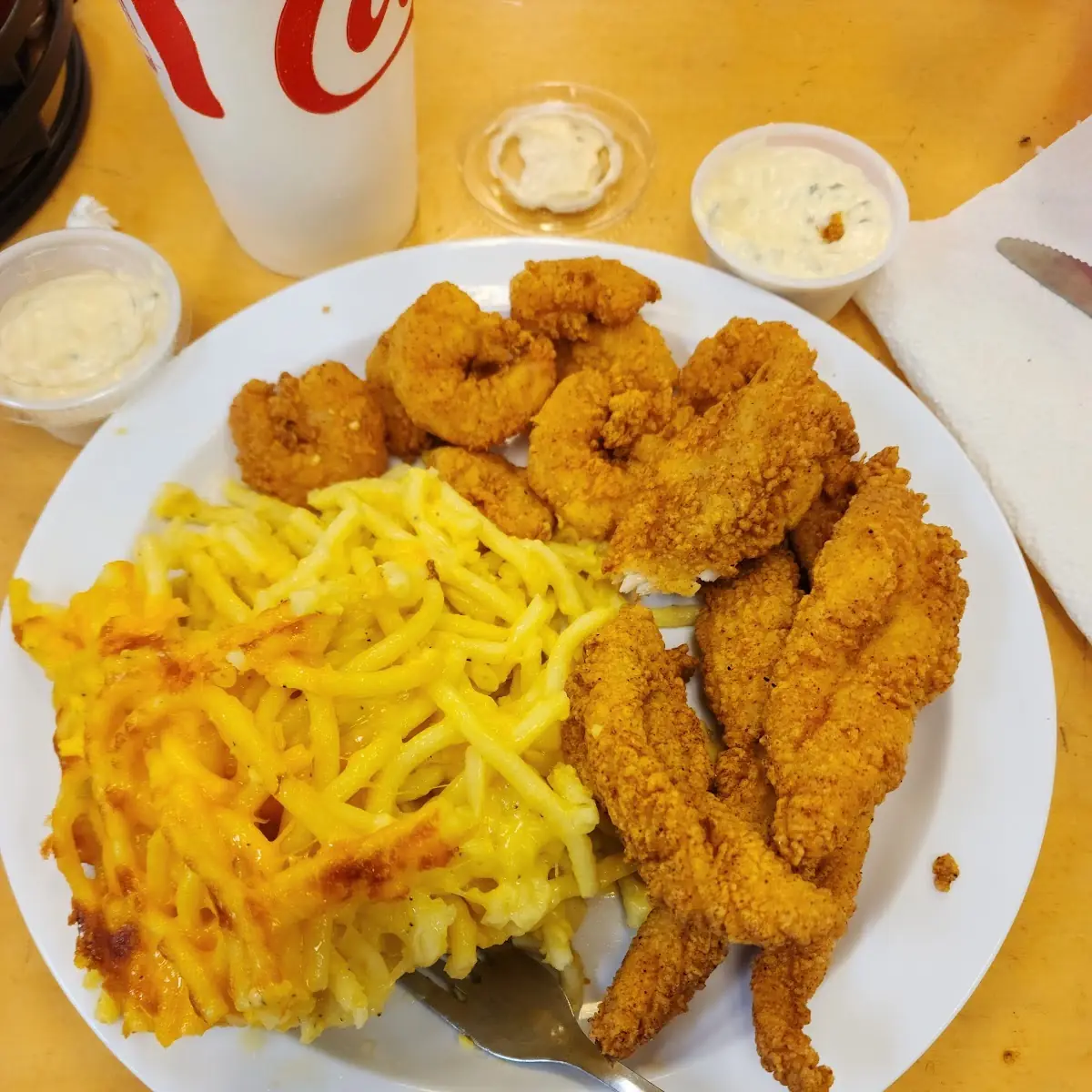 Fried Shrimp Catfish and Macaroni Cheese