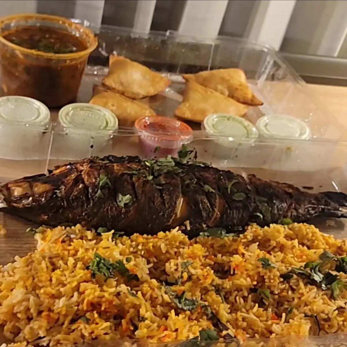 BBQ Fish Lamb Curry Samosa Plate