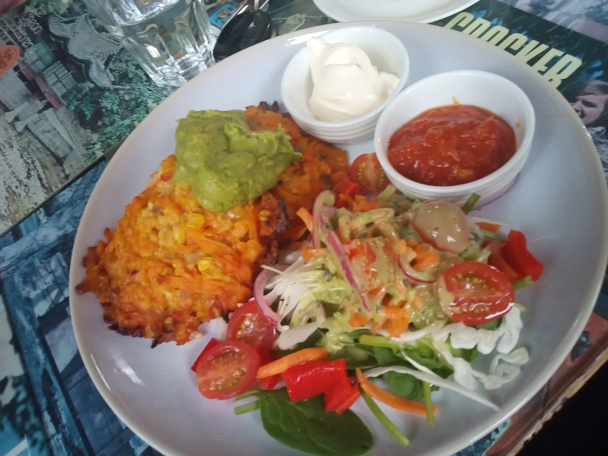 Sweet Corn Fritters with Avo and Salad, Secret Serenity Café