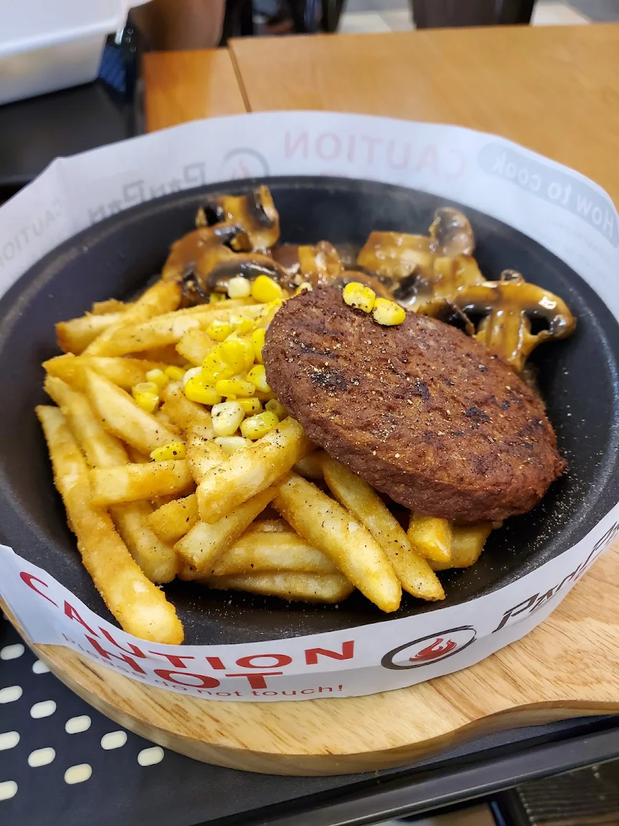 Burger Steak Mushrooms and Fries