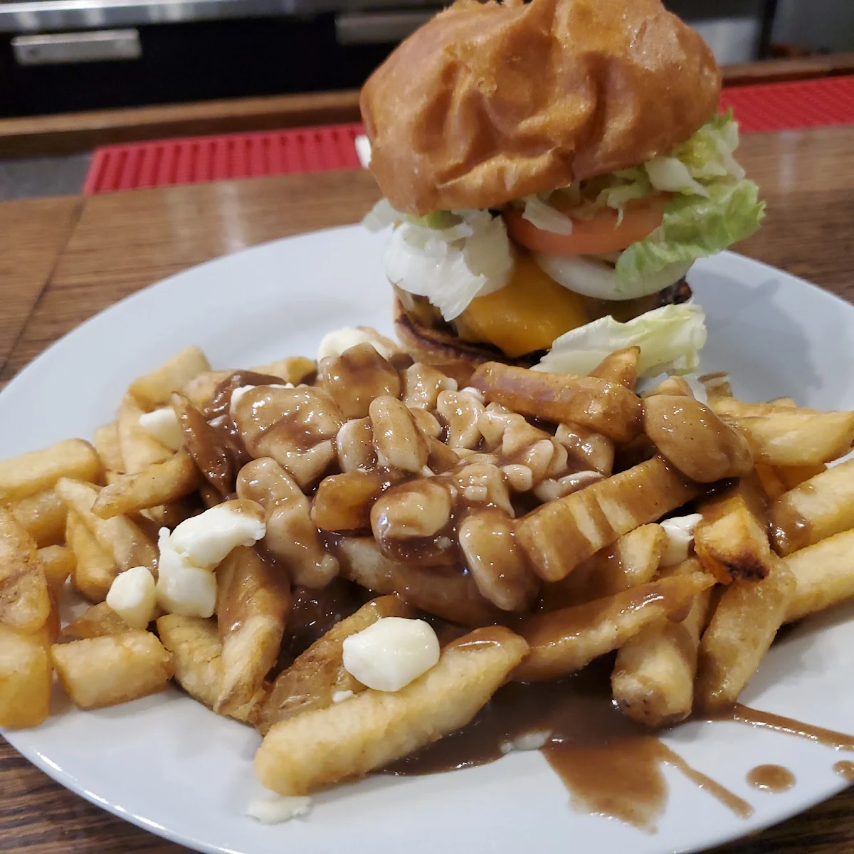 Burger with Poutine, Tracie's Place Restaurant and Karaoke