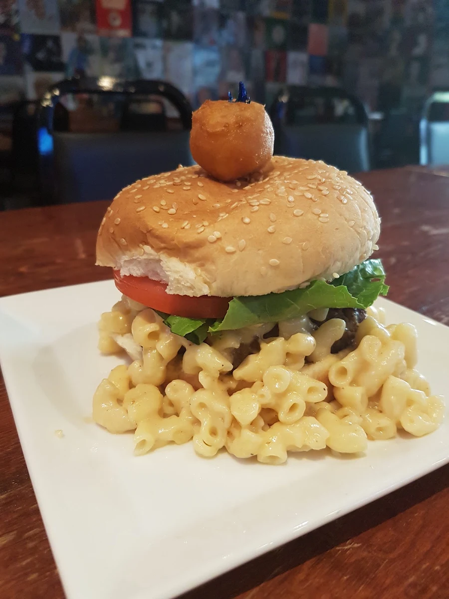 Homemade Mac and Cheese Burger Deluxe, Tracie's Place Restaurant and Karaoke
