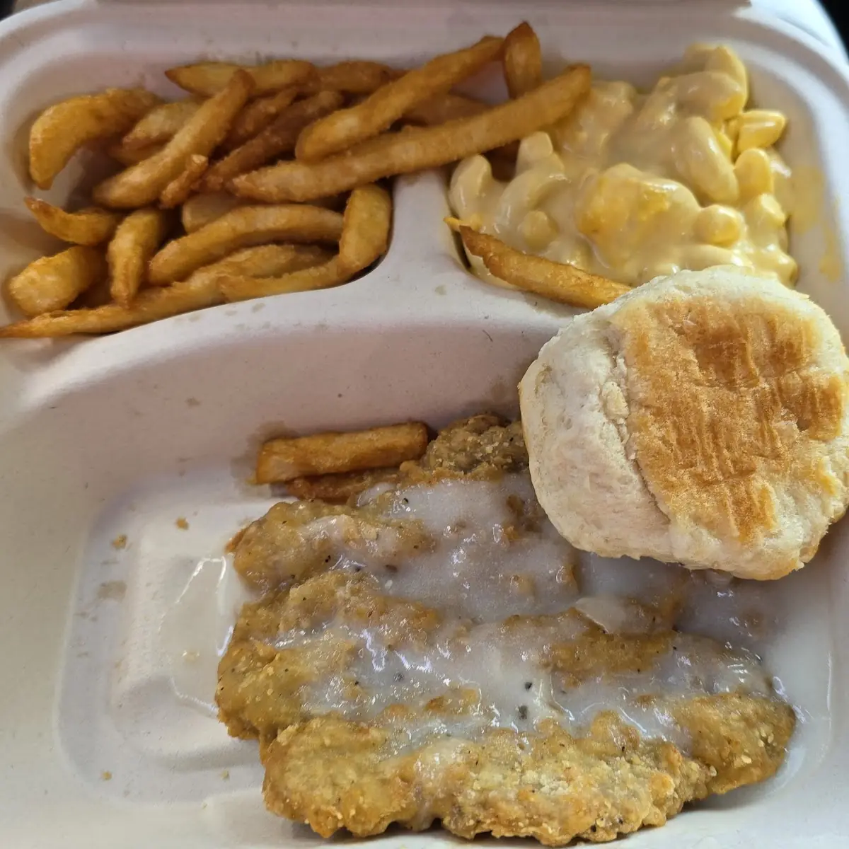 Chicken Fried Steak with Fries Mac & Cheese & a Biscuits and Gravy