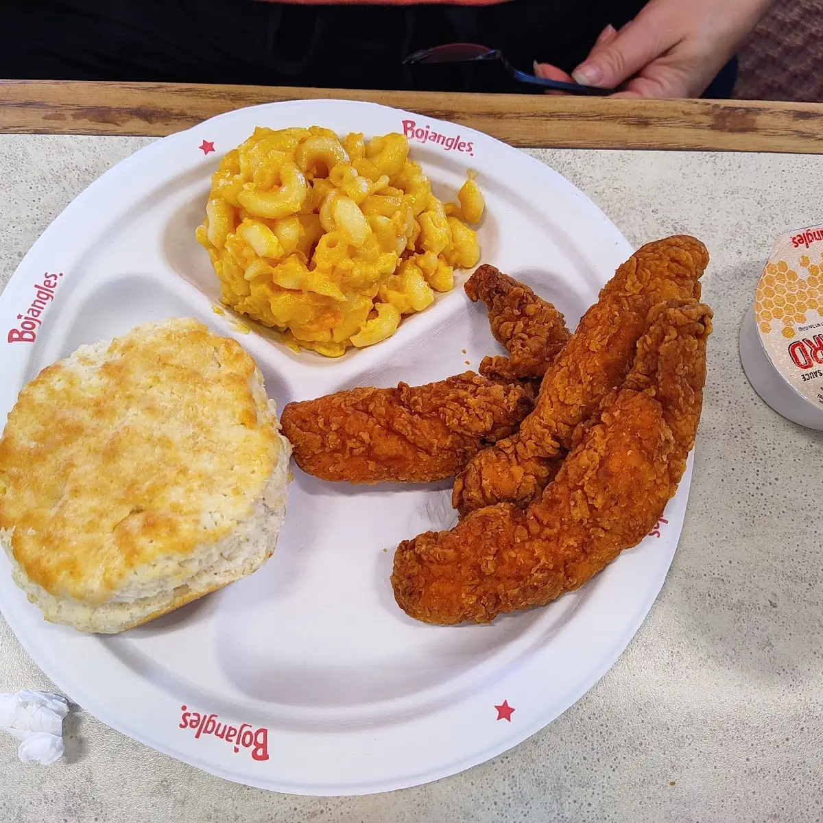 Chicken Strips Mac and Cheese and a Biscuit